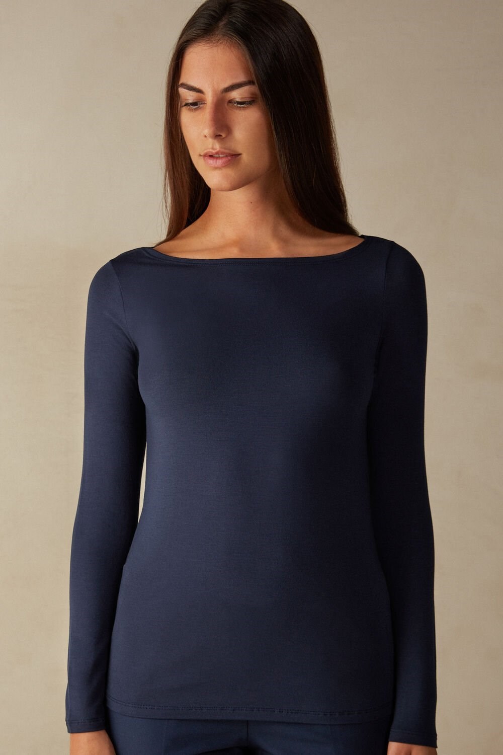 Blue - 1467 - Intense Blue Intimissimi Long Sleeve Bateau Neck Top in Micromodal | EDRB-64381