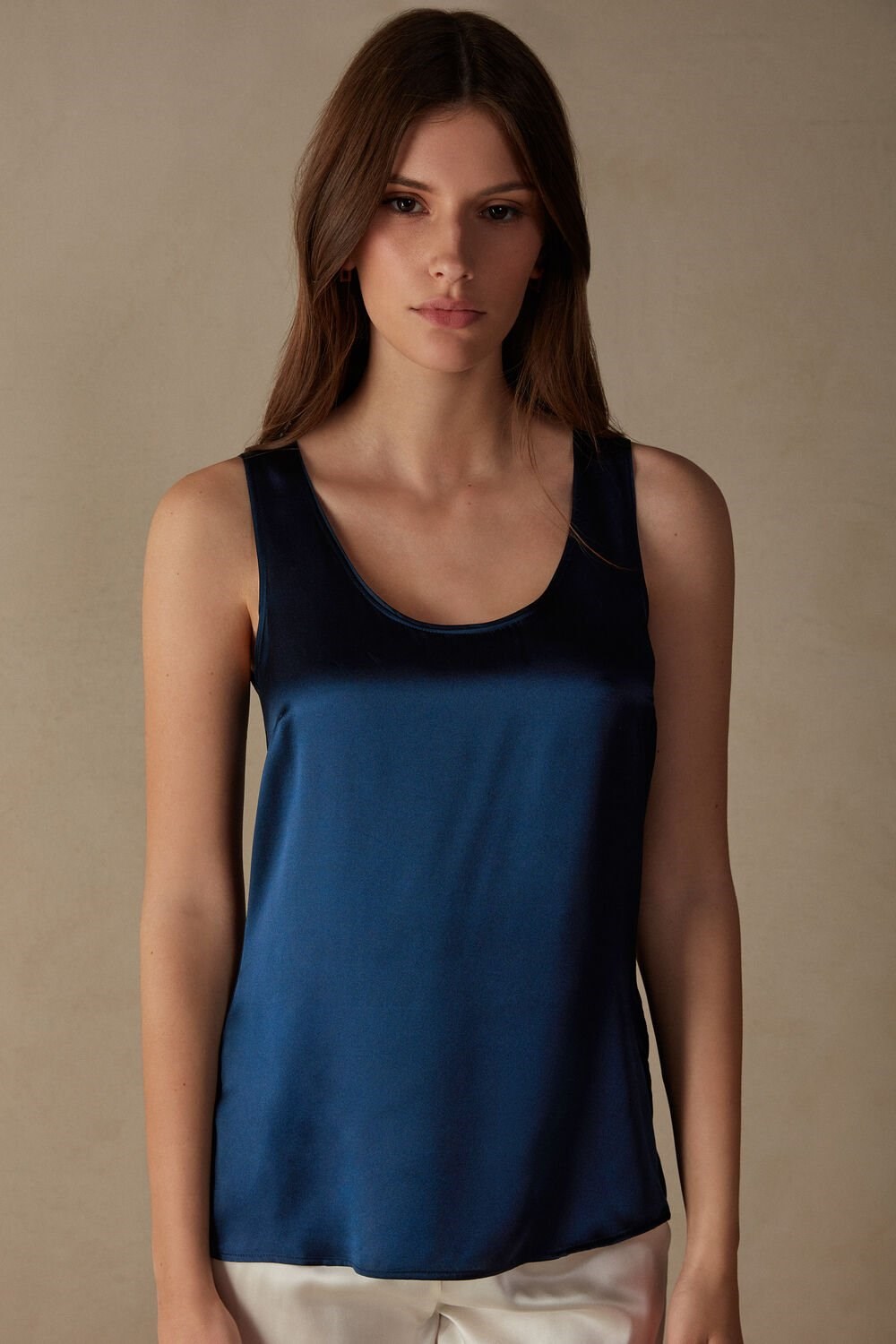 Blue - 1467 - Intense Blue Intimissimi Silk and Modal Tank Top | MRIG-18364