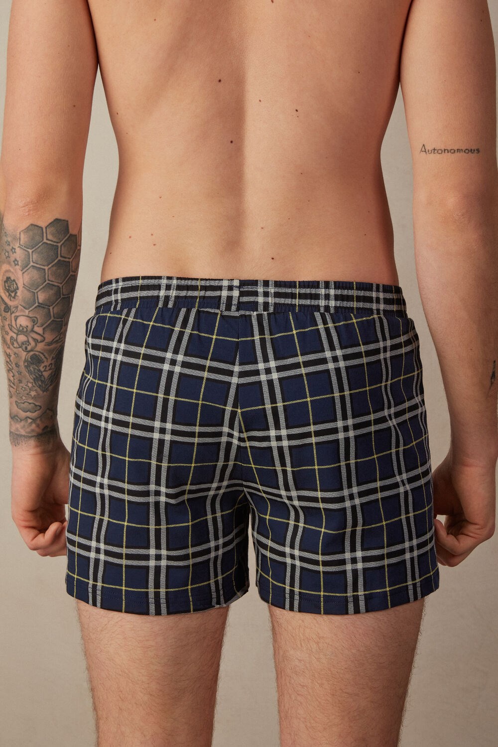 Blue - 171j - Blue / Yellow Tartan Print Intimissimi Tartan Patterned Cotton Jersey Relaxed Fit Boxers | OFCJ-47508