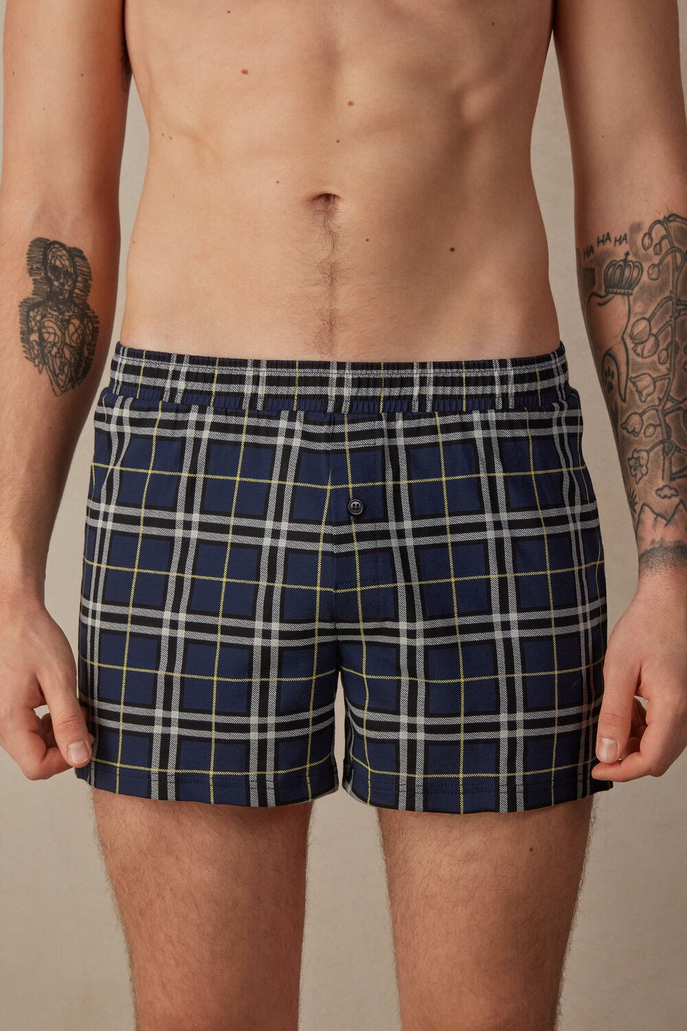 Blue - 171j - Blue / Yellow Tartan Print Intimissimi Tartan Patterned Cotton Jersey Relaxed Fit Boxers | OFCJ-47508