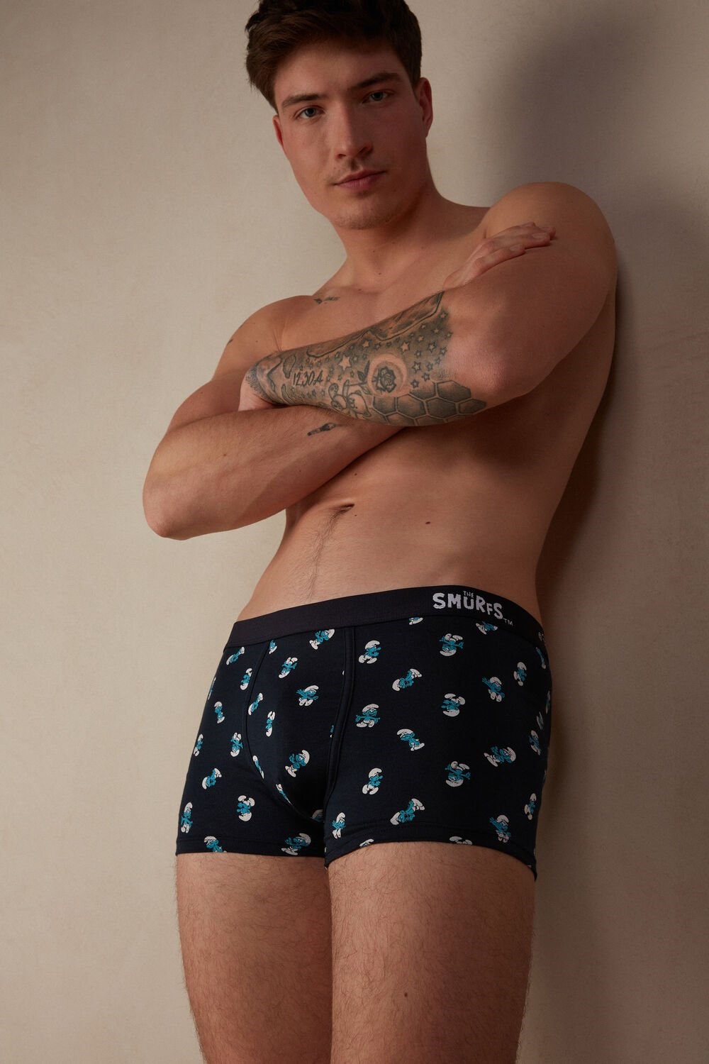 Blue - 174j - Midnight Blue Smurfs Print Intimissimi Smurf Boxers in Stretch Supima® Cotton | IBRY-52690