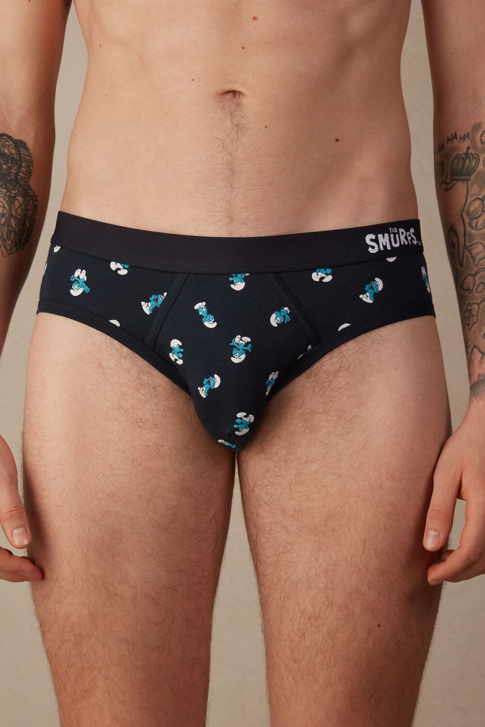 Blue - 174j - Midnight Blue Smurfs Print Intimissimi Smurf Briefs in Stretch Supima® Cotton | VCER-06342