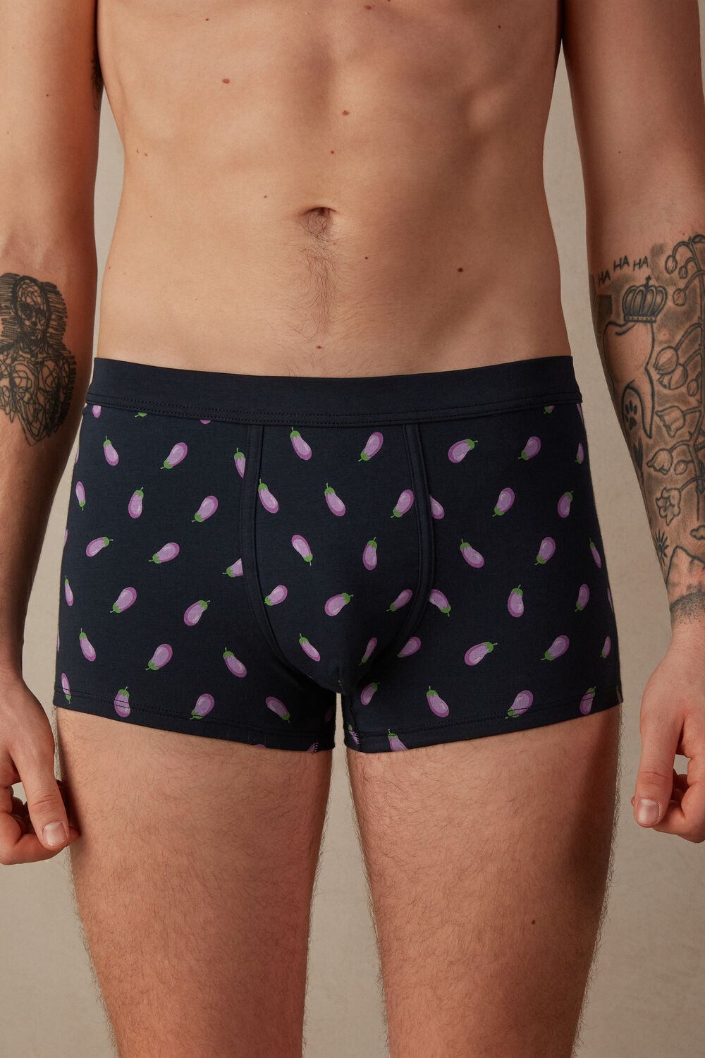 Blue - 181j - Midnight Blue Eggplant Print Intimissimi Eggplant Boxers in Stretch Supima® Cotton | OQER-96083