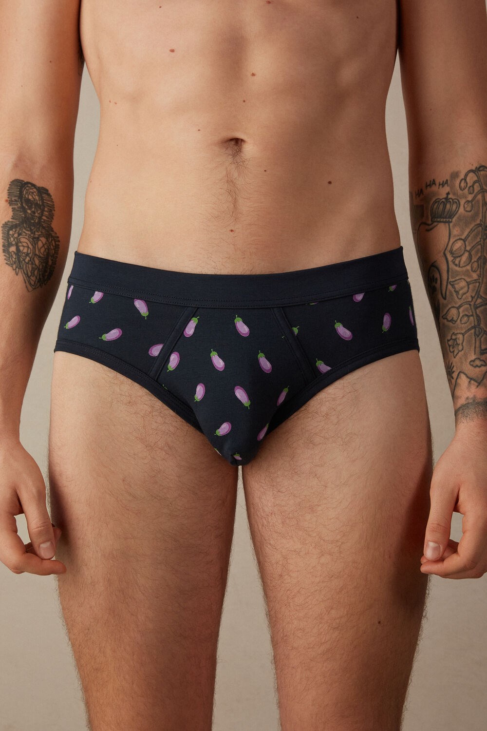 Blue - 181j - Midnight Blue Eggplant Print Intimissimi Eggplant Briefs in Stretch Supima® Cotton | VWAR-79162