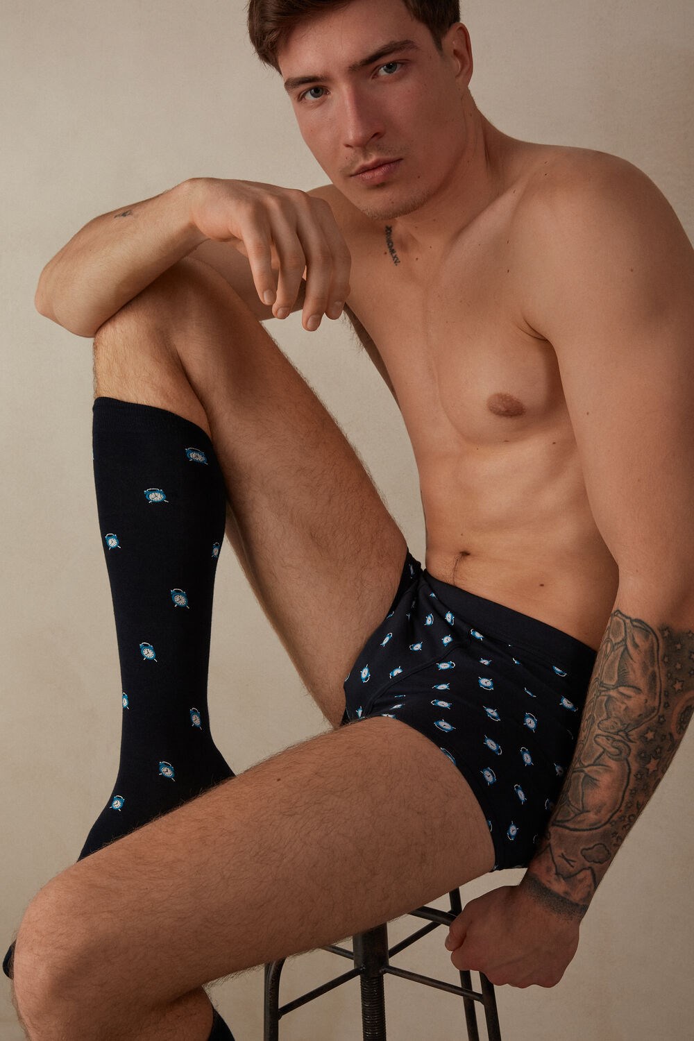 Blue - 183j - Midnight Blue Alarms Print Intimissimi Alarm Clock Boxers in Stretch Supima® Cotton | TQVF-56782