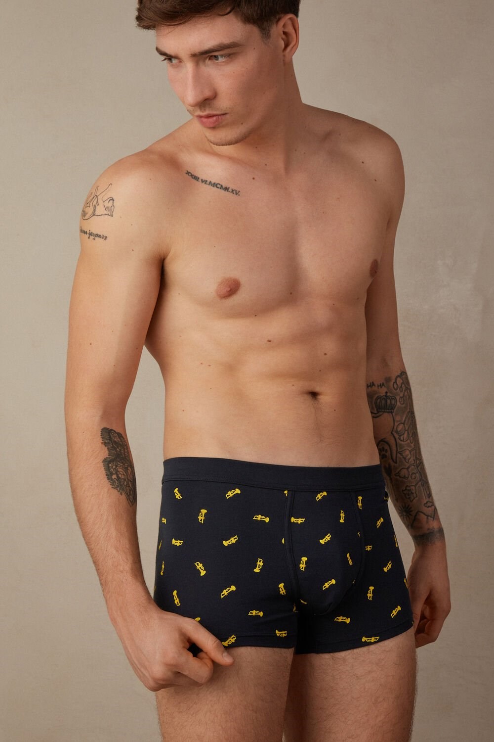 Blue - 184j - Midnight Blue Trumpets Print Intimissimi Trumpet Boxers Stretch Supima® Cotton | EYKJ-83569