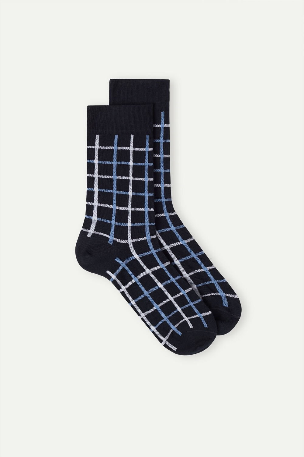 Blue - 187j - Dark Blue Check Intimissimi Short Socks in Patterned Cotton | WTUH-76428