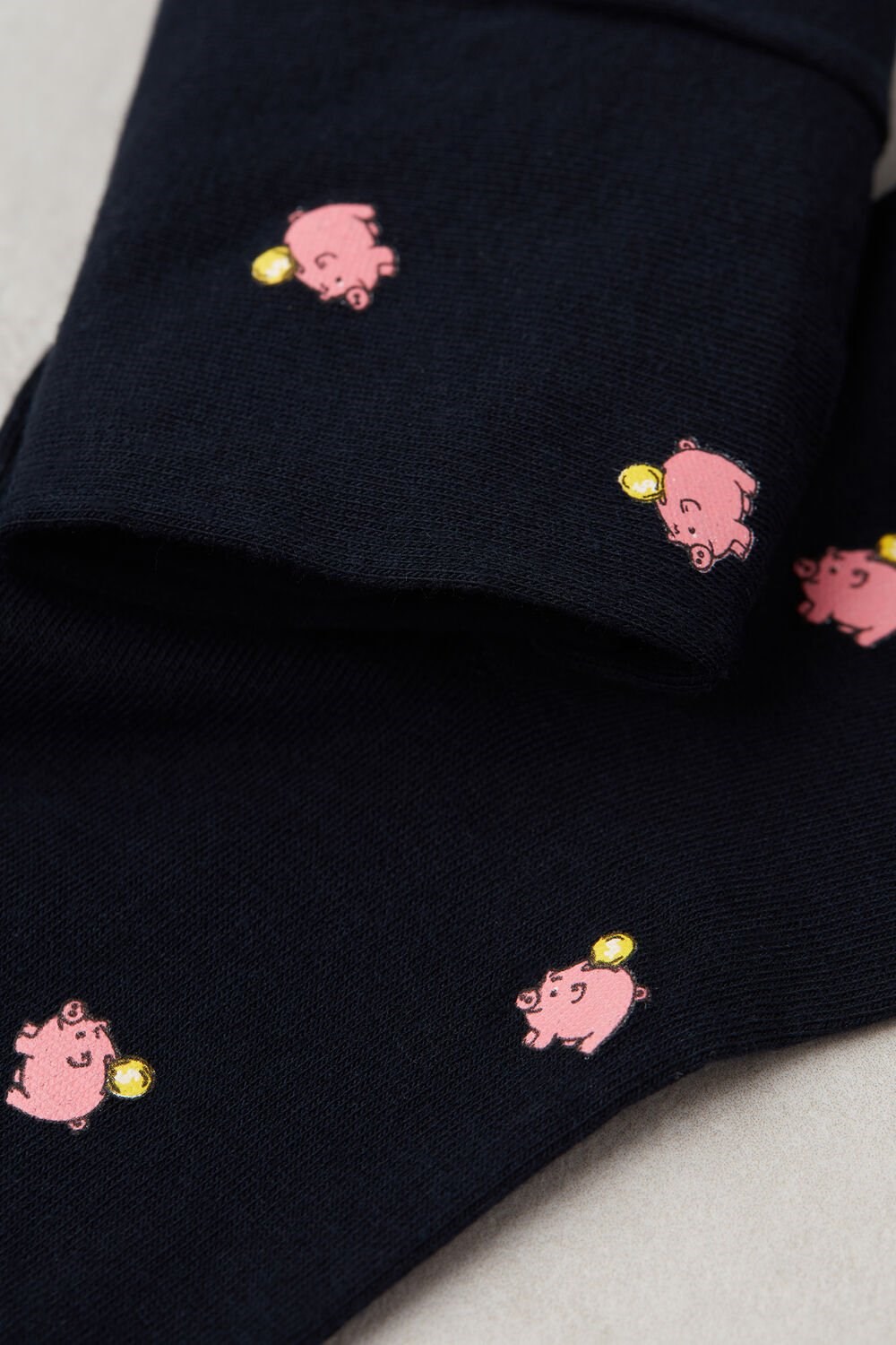 Blue - 190j - Dark Blue Piggy Bank Print Intimissimi Short Socks in Patterned Cotton | AGLH-89463