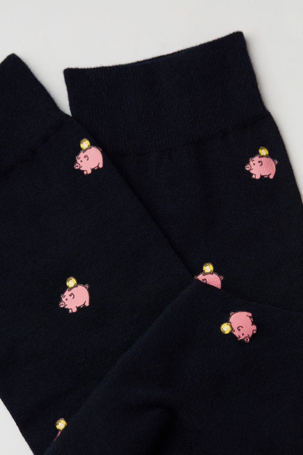 Blue - 190j - Dark Blue Piggy Bank Print Intimissimi Short Socks in Patterned Cotton | AGLH-89463