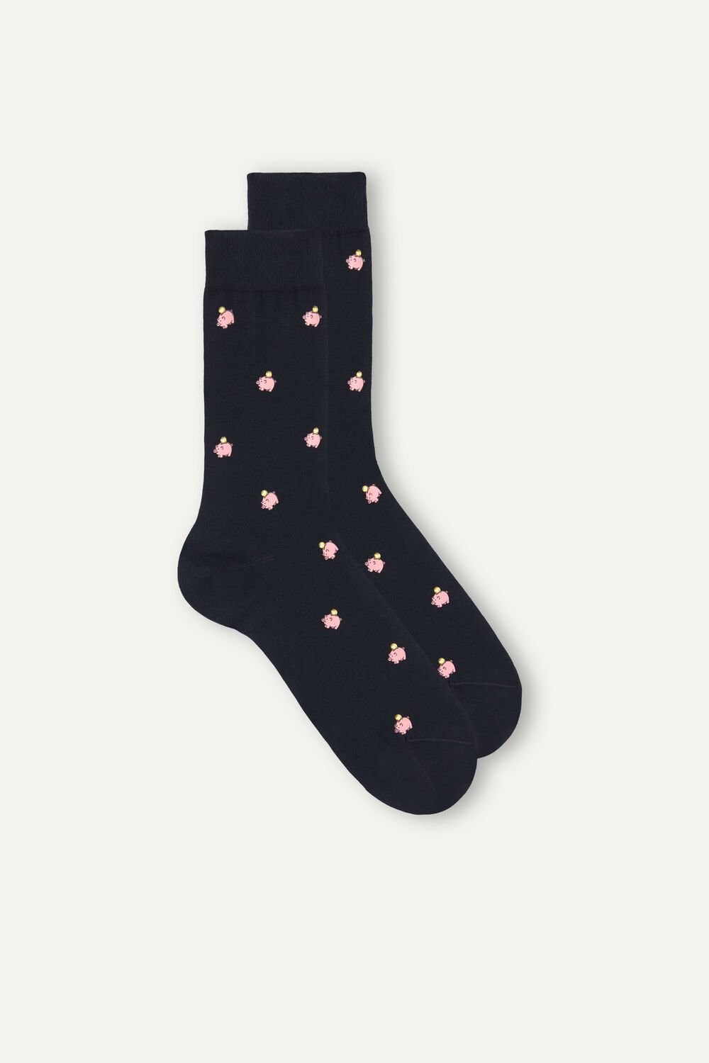 Blue - 190j - Dark Blue Piggy Bank Print Intimissimi Short Socks in Patterned Cotton | AGLH-89463