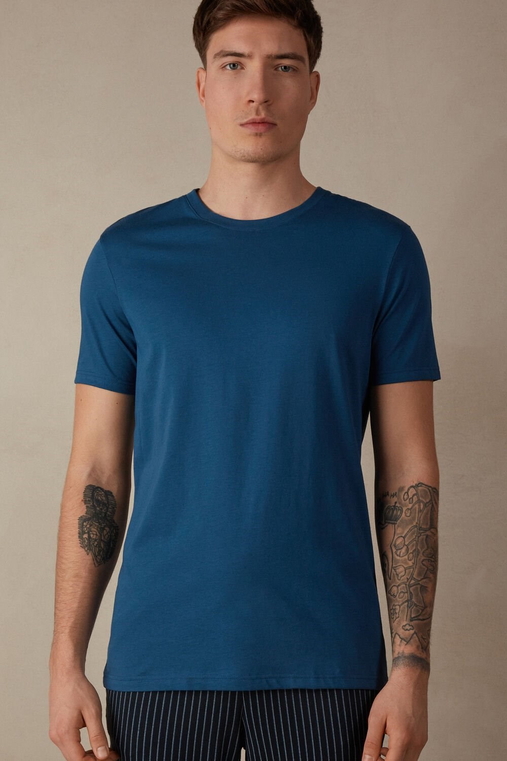 Blue - 202j - Mist Blue Intimissimi Short Sleeve Crew Neck T Shirt in Supima® Cotton | DSKQ-69182