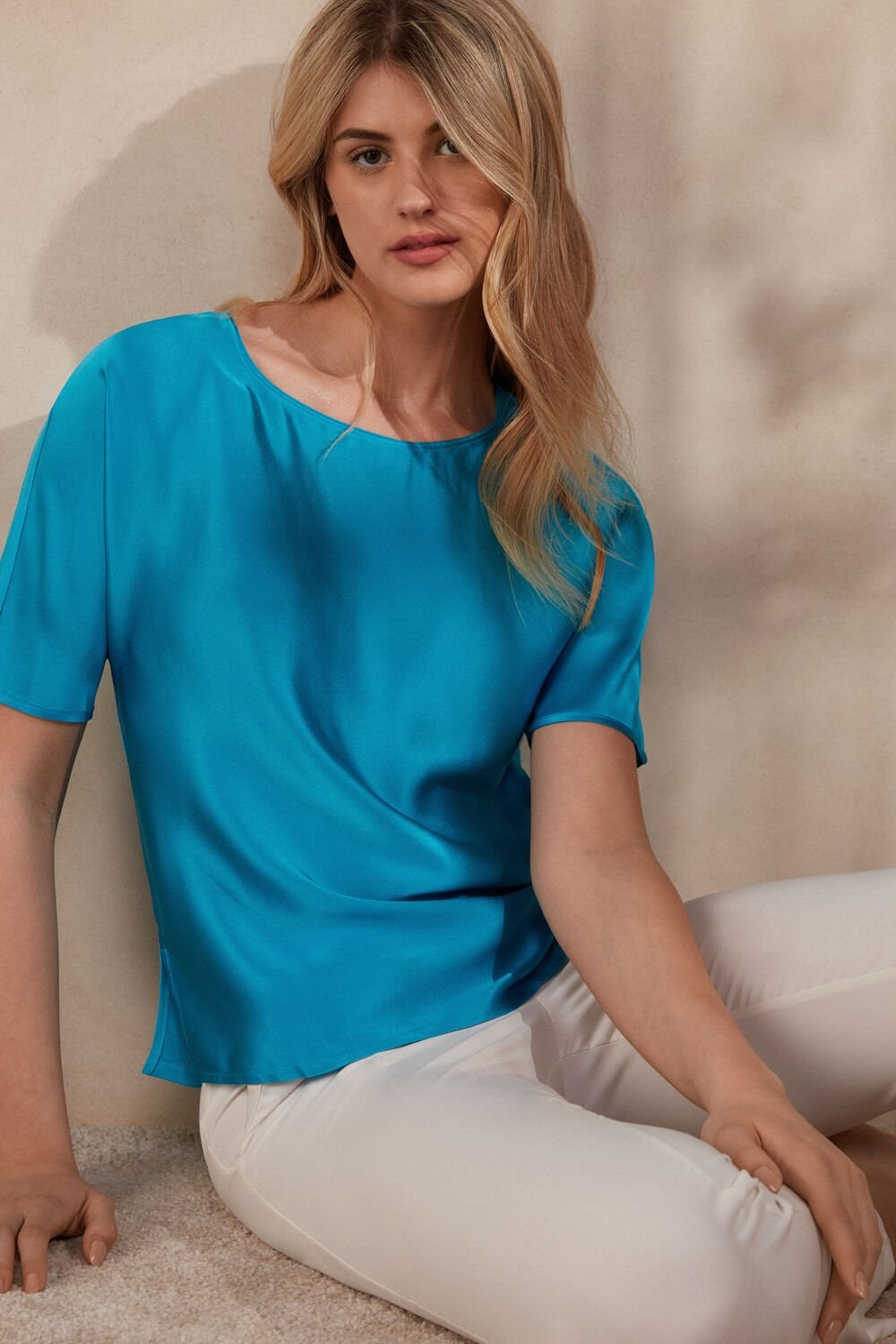 Blue - 210j - Digital Turquoise Intimissimi Short Sleeve Silk and Modal Top | EALC-31648