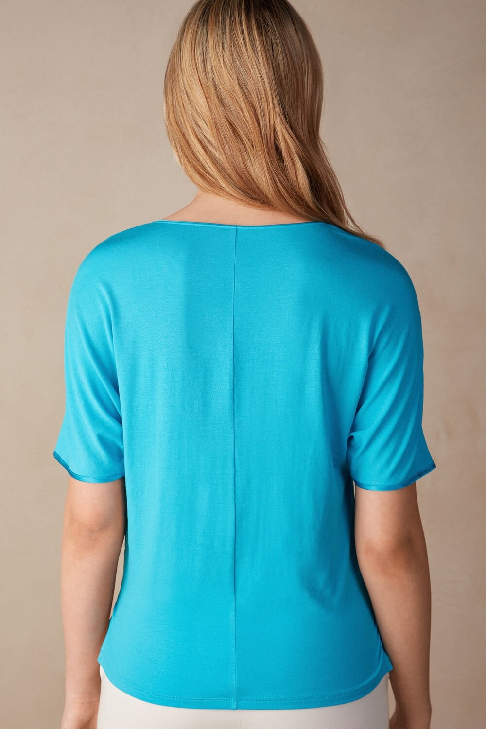 Blue - 210j - Digital Turquoise Intimissimi Short Sleeve Silk and Modal Top | EALC-31648