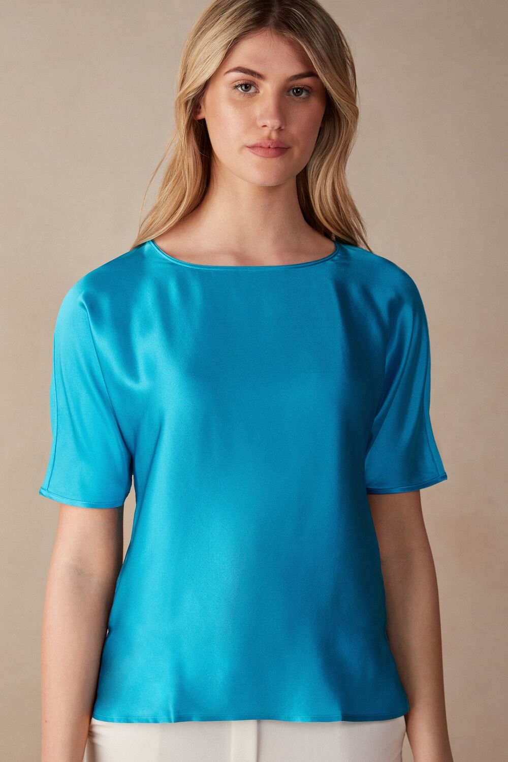 Blue - 210j - Digital Turquoise Intimissimi Short Sleeve Silk and Modal Top | EALC-31648