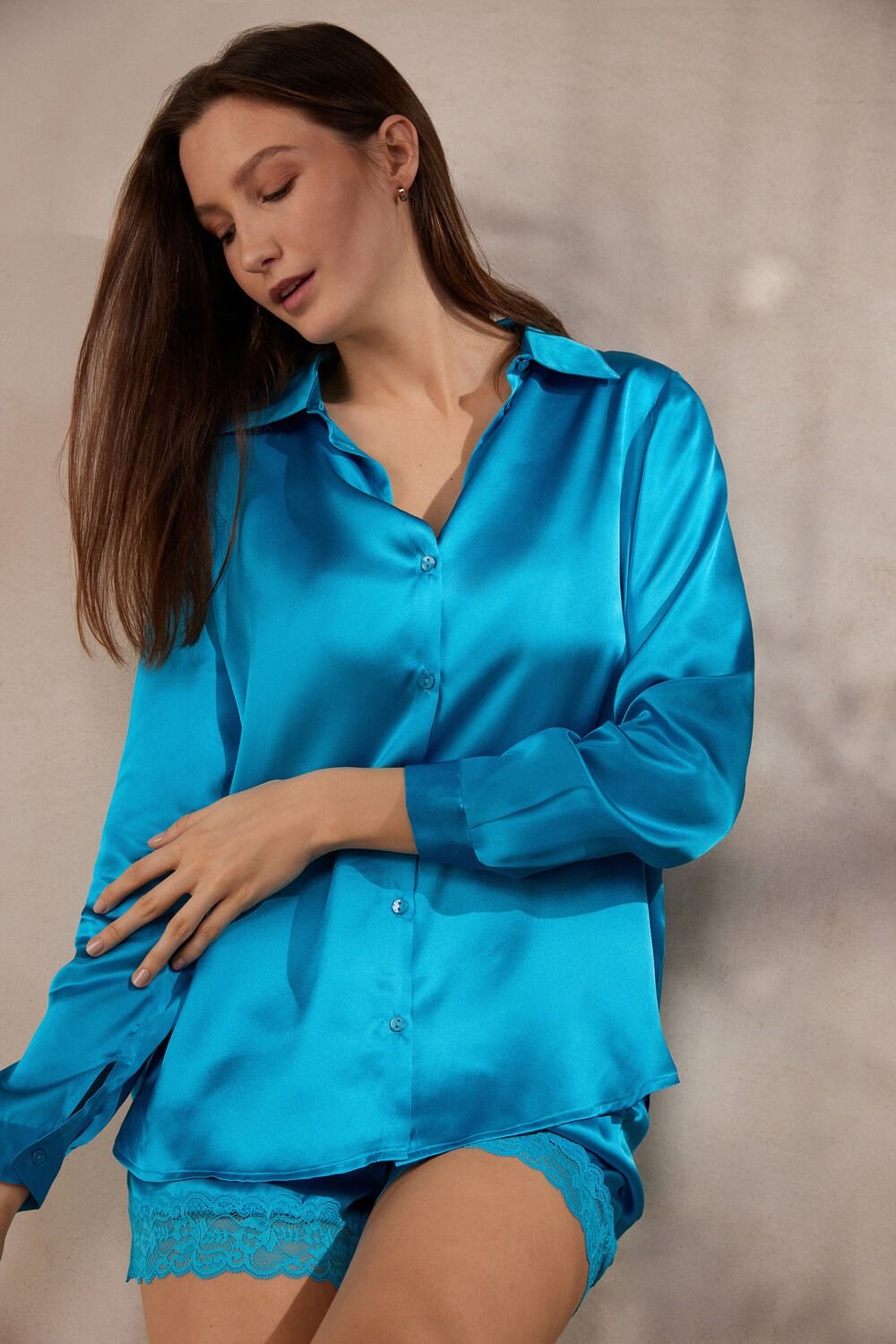 Blue - 210j - Digital Turquoise Intimissimi Long Sleeve Silk Shirt | FVNH-36157