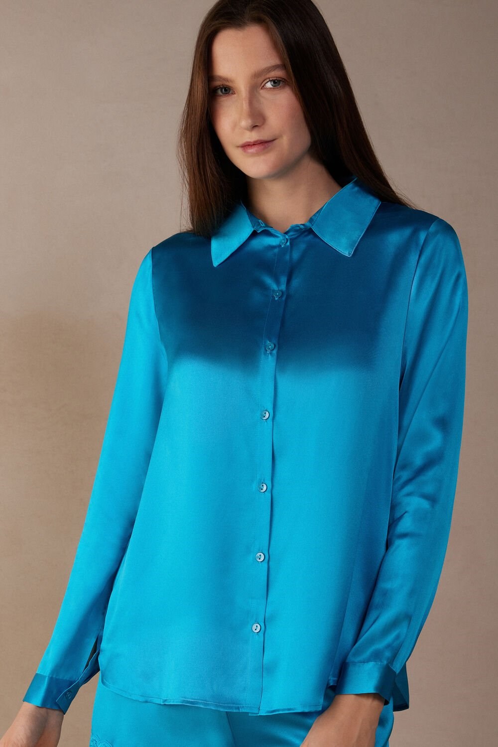 Blue - 210j - Digital Turquoise Intimissimi Long Sleeve Silk Shirt | FVNH-36157