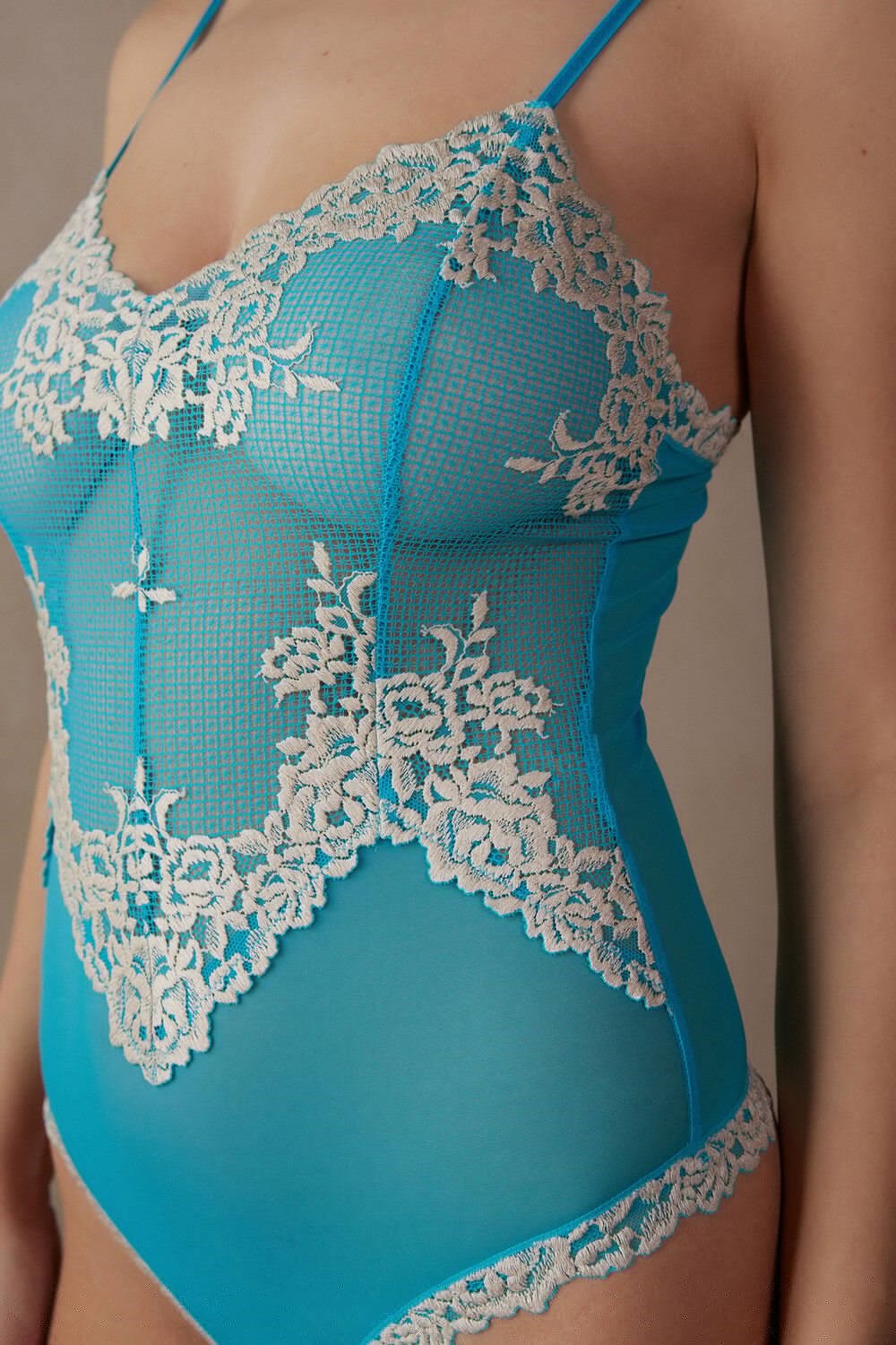 Blue - 233j - Digital Turquoise / Ivory Intimissimi Pretty Flowers Tulle and Lace Bodysuit | IRVF-41675