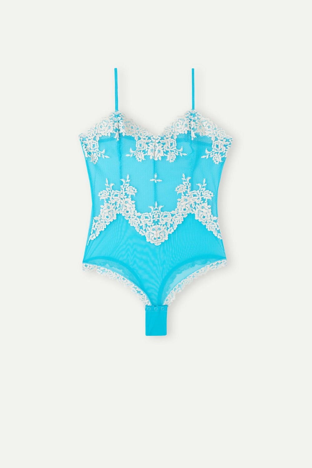 Blue - 233j - Digital Turquoise / Ivory Intimissimi Pretty Flowers Tulle and Lace Bodysuit | IRVF-41675