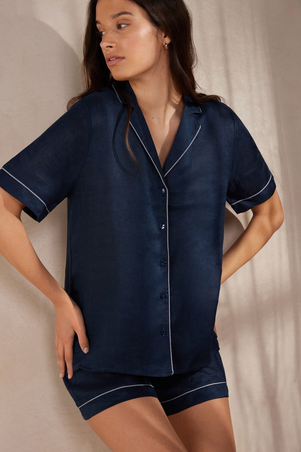 Blue - 243j - Sailor Blue Intimissimi Yacht Night Linen Short Sleeve Shirt | YRQB-92051