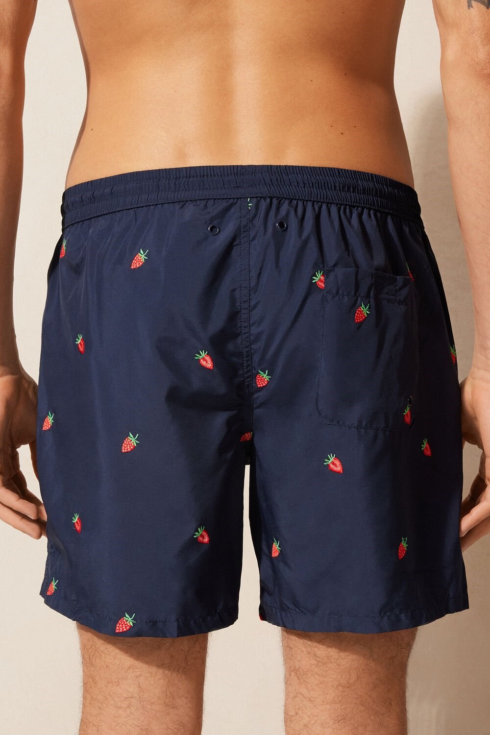 Blue - 252j - Intense Blue Strawberry Embroidery Intimissimi Embroidered Strawberry Swim Trunks | THAU-87452