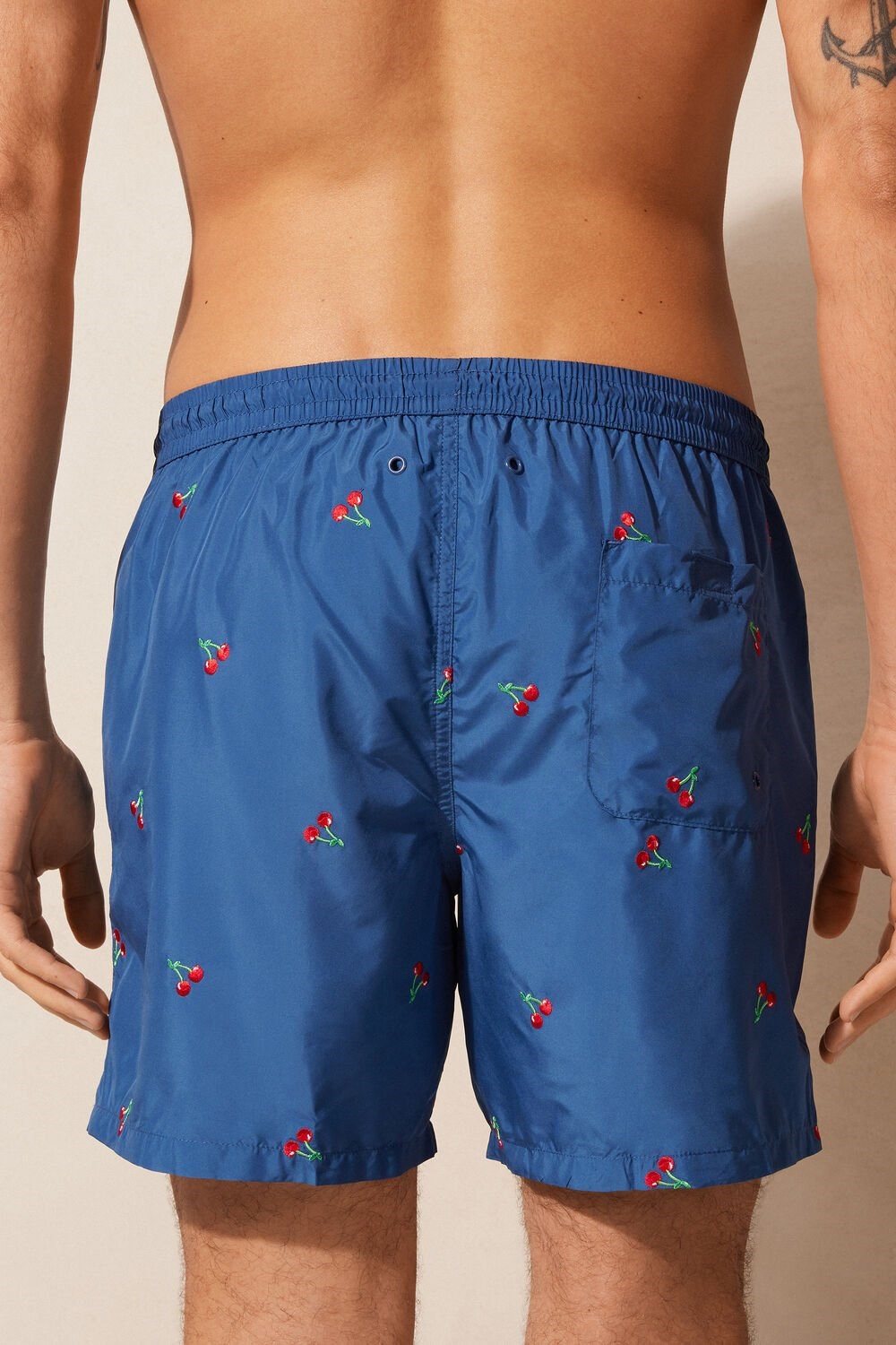 Blue - 257j - Pacific Blue Cherry Embroidery Intimissimi Embroidered Cherry Swim Trunks | USAI-41597