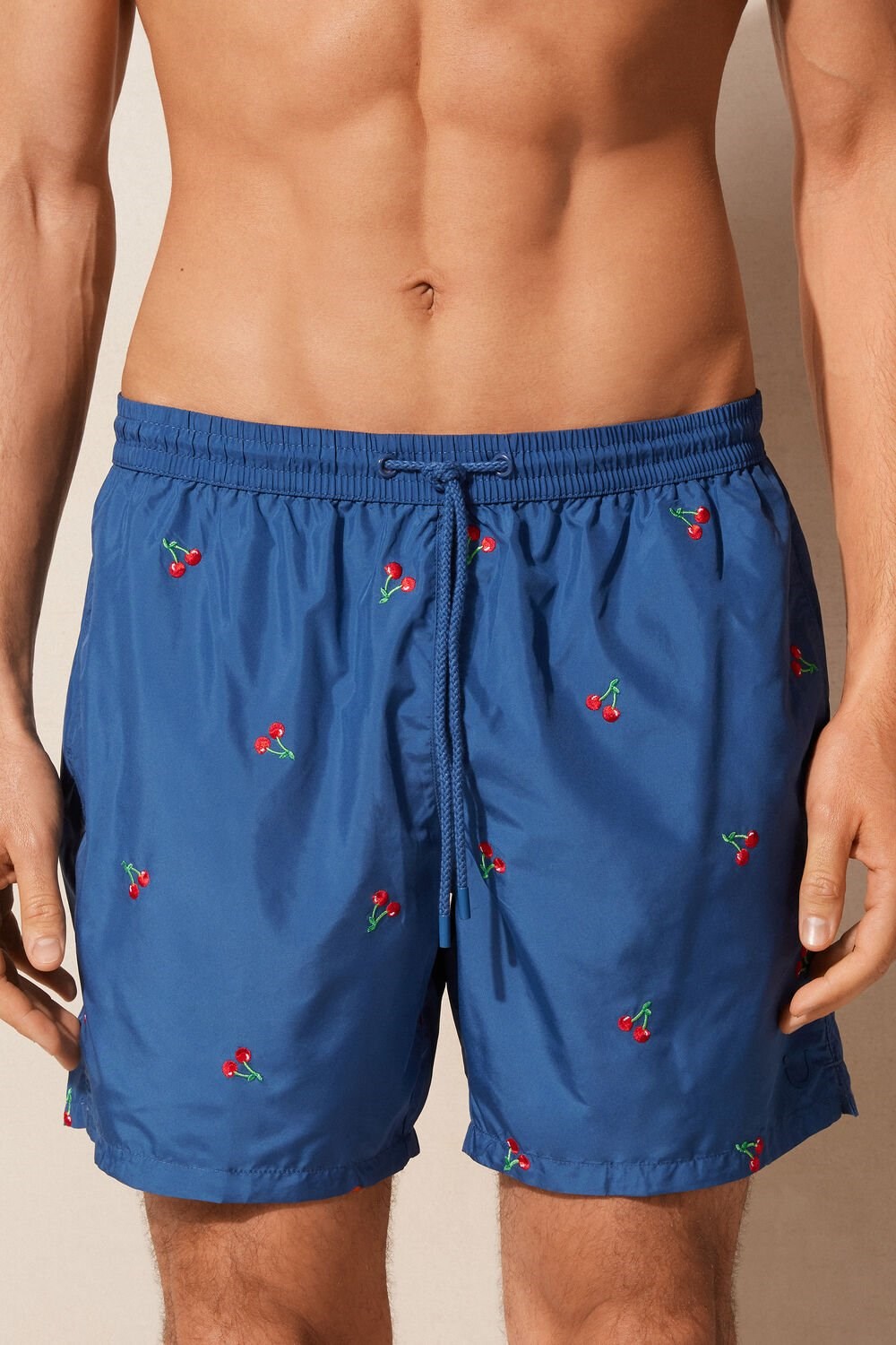 Blue - 257j - Pacific Blue Cherry Embroidery Intimissimi Embroidered Cherry Swim Trunks | USAI-41597