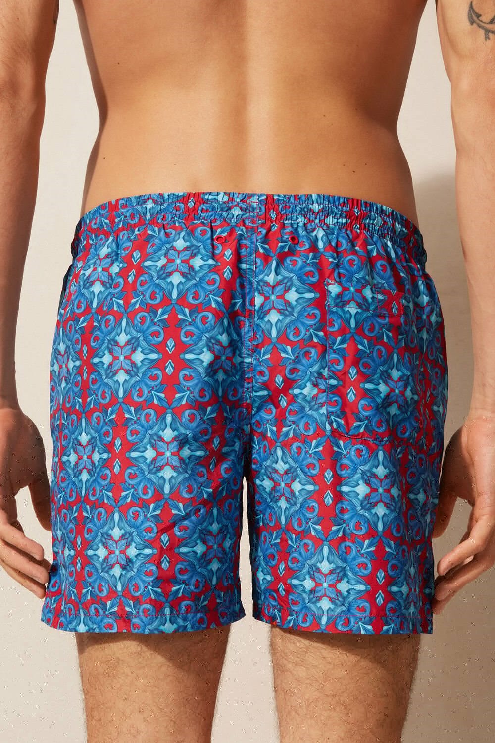 Blue - 260j - Sport Red Moroccan Print Intimissimi Red Moroccan Print Swim Trunks | TGMF-05619