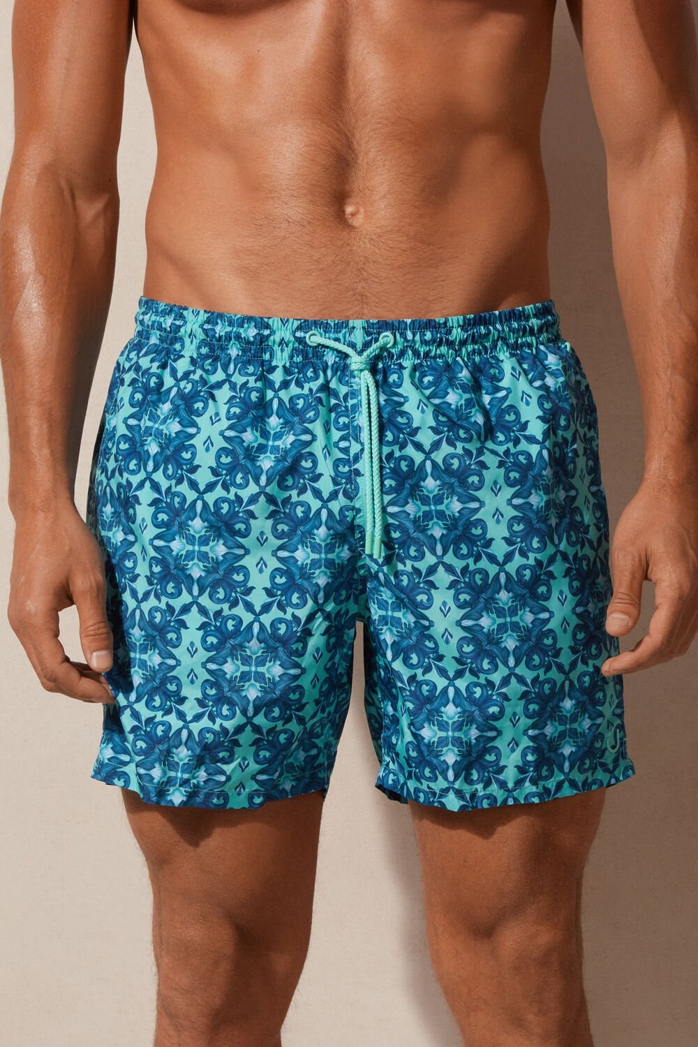 Blue - 261j - Aqua Green Moroccan Print Intimissimi Light Blue Moroccan Print Swim Trunks | JXBU-92478