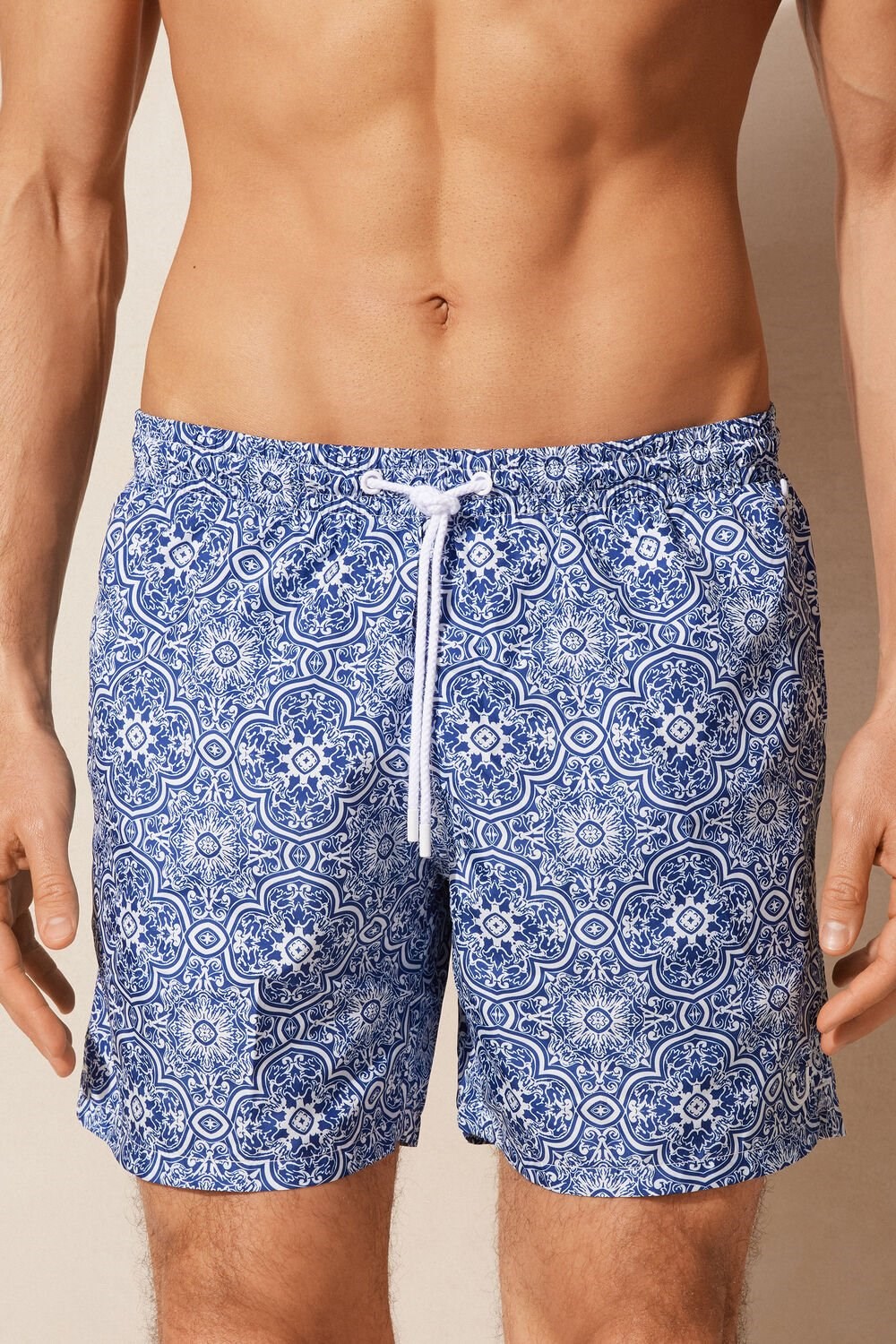 Blue - 263j - White Blue Majolica Print Intimissimi Blue Majolica Print Swim Trunks | LGPD-92851