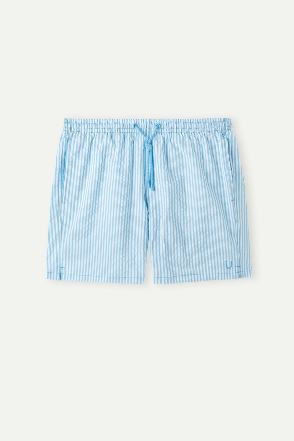 Blue - 279j - White / Light Blue Intimissimi Stripe Print Seersucker Swim Trunks | ATNC-09438