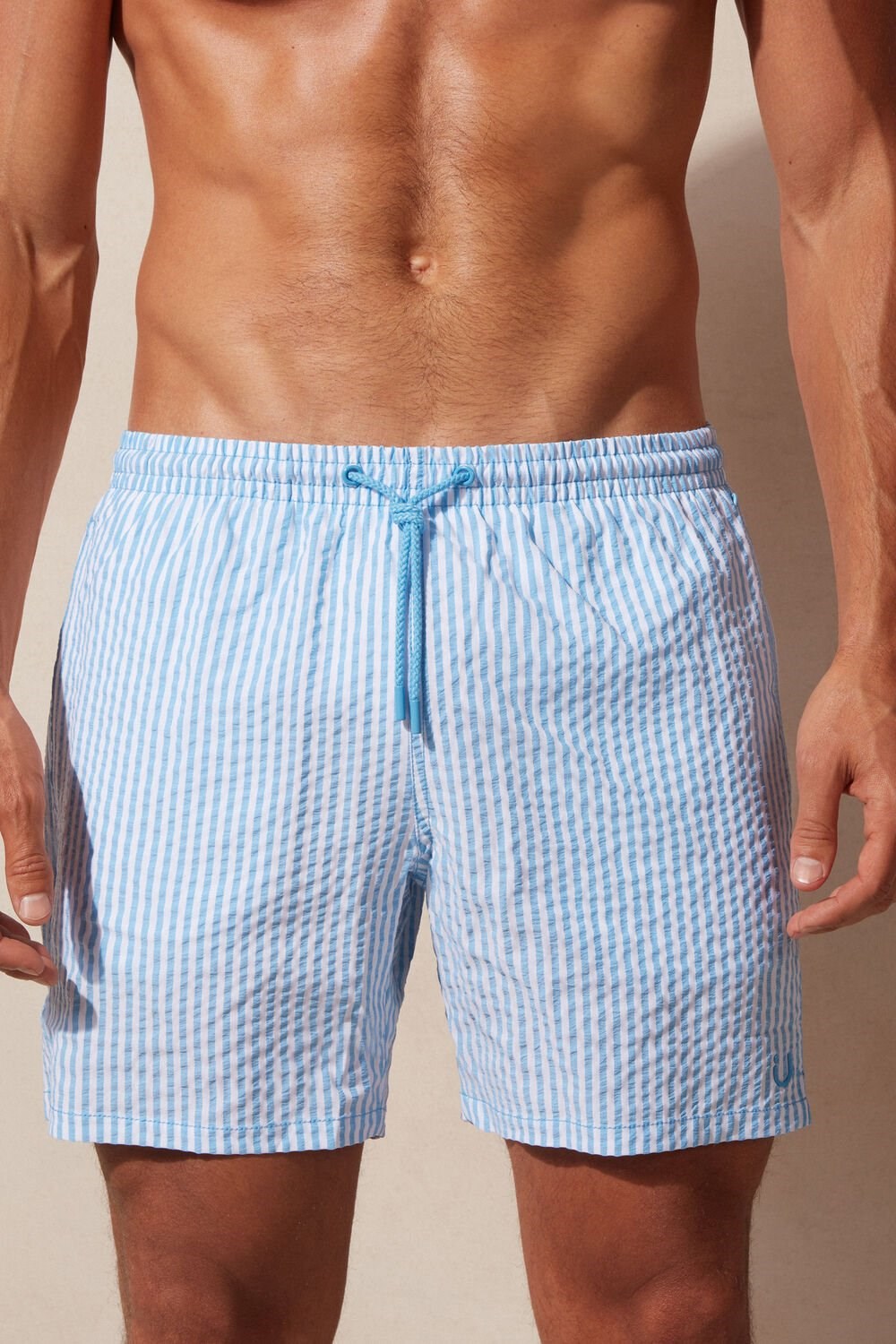 Blue - 279j - White / Light Blue Intimissimi Stripe Print Seersucker Swim Trunks | ATNC-09438