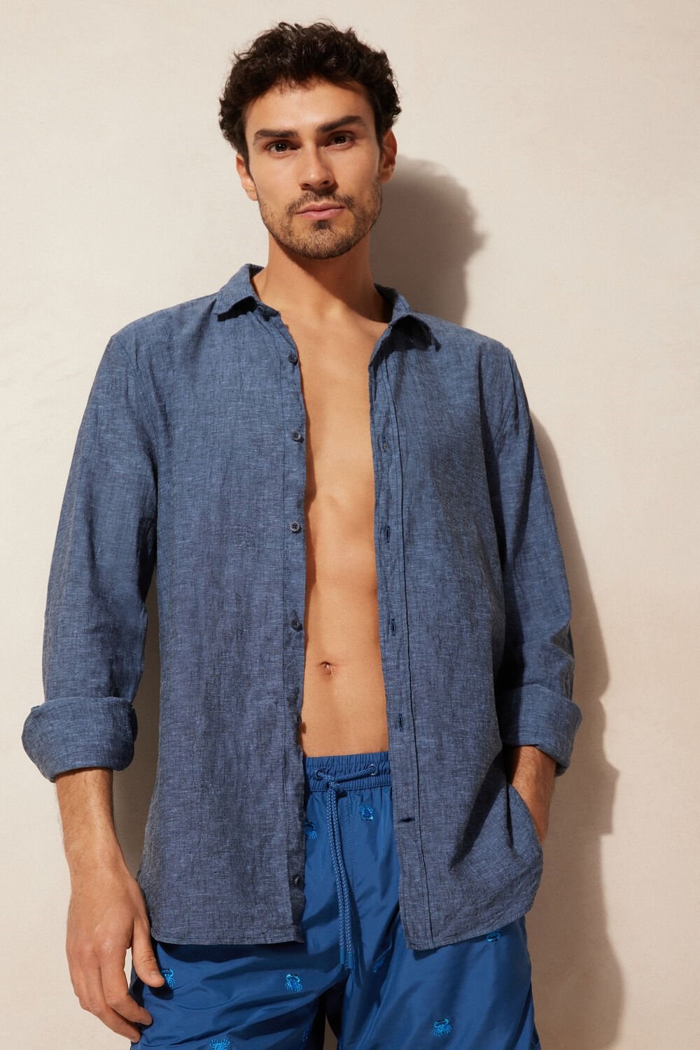 Blue - 288j - Petroleum Blue Intimissimi Linen and Cotton Shirt | GHAY-05732