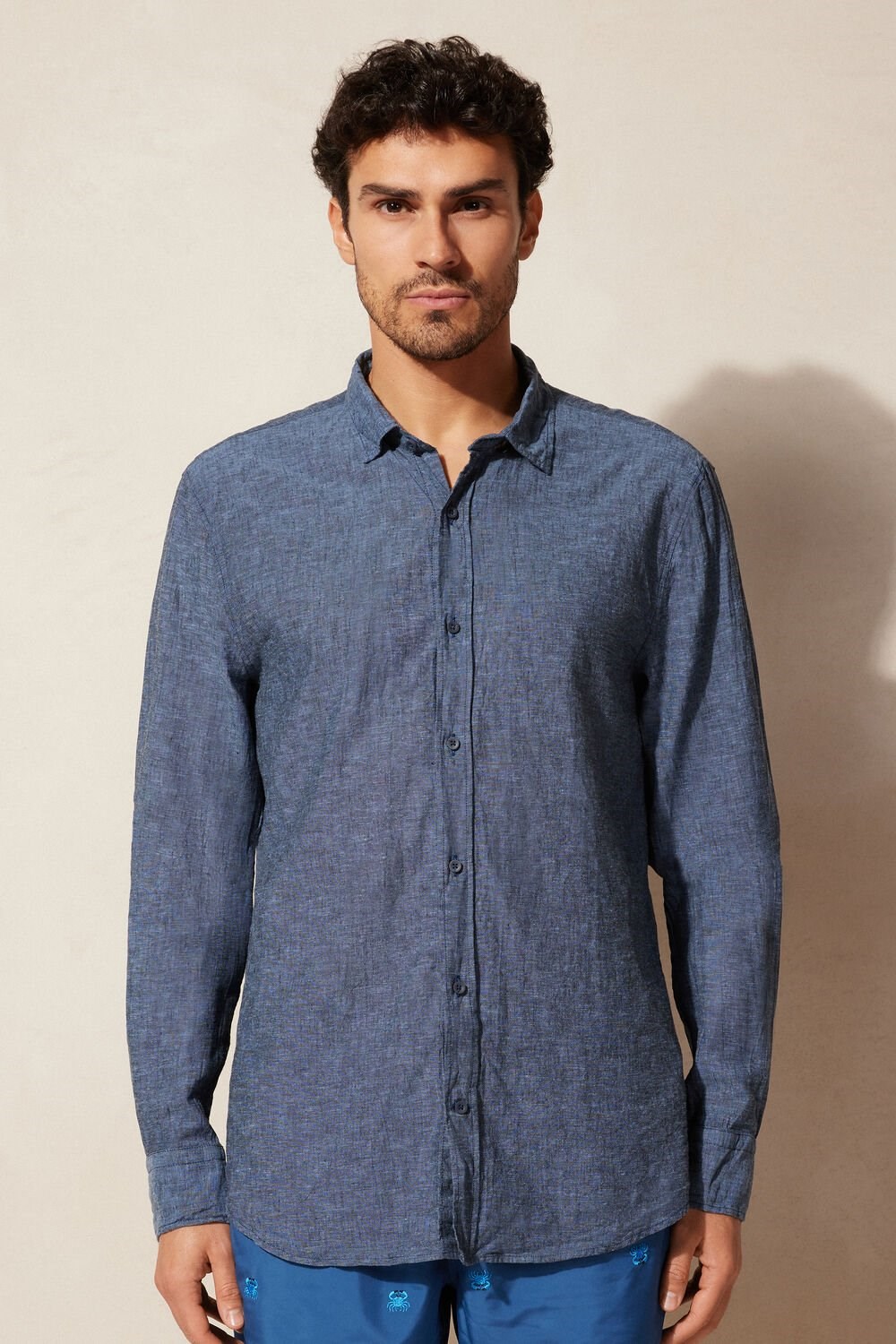 Blue - 288j - Petroleum Blue Intimissimi Linen and Cotton Shirt | GHAY-05732