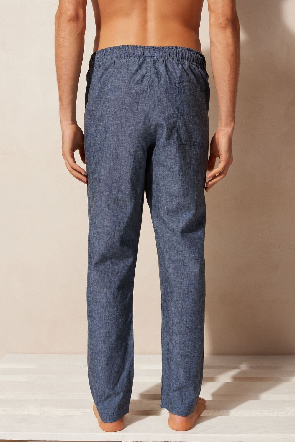 Blue - 288j - Petroleum Blue Intimissimi Linen and Cotton Full Length Pants | PSRU-70968