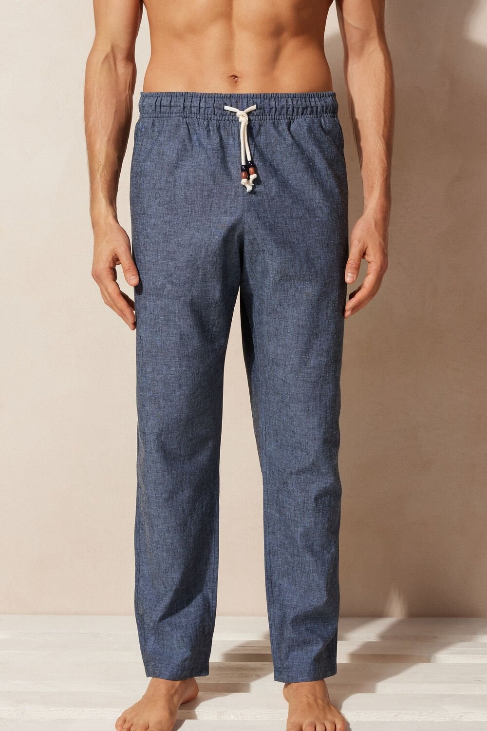 Blue - 288j - Petroleum Blue Intimissimi Linen and Cotton Full Length Pants | PSRU-70968