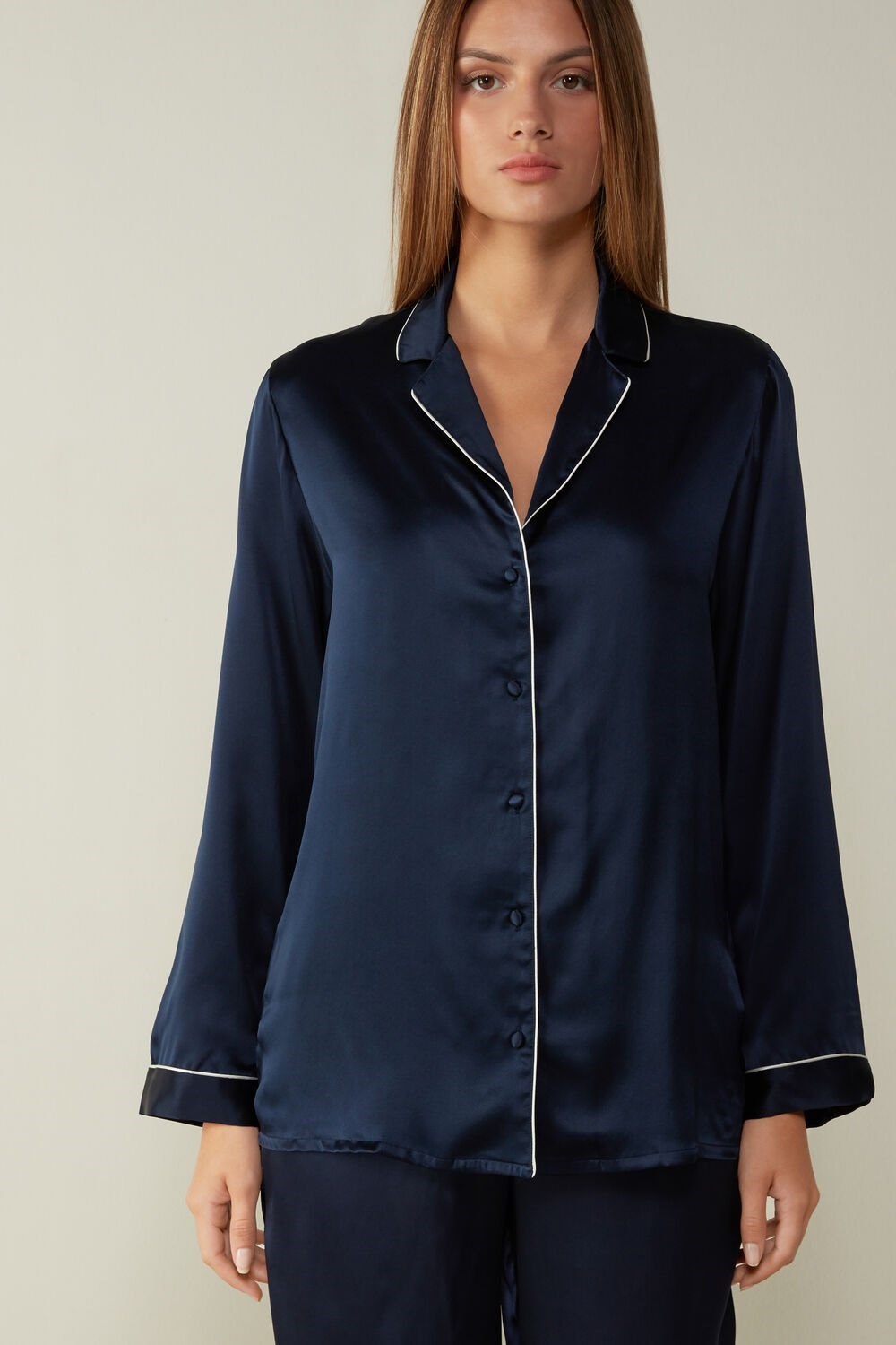 Blue - 3094 - Ink Blue Intimissimi Mannish-Cut Jacket in Silk Satin | WURA-46520