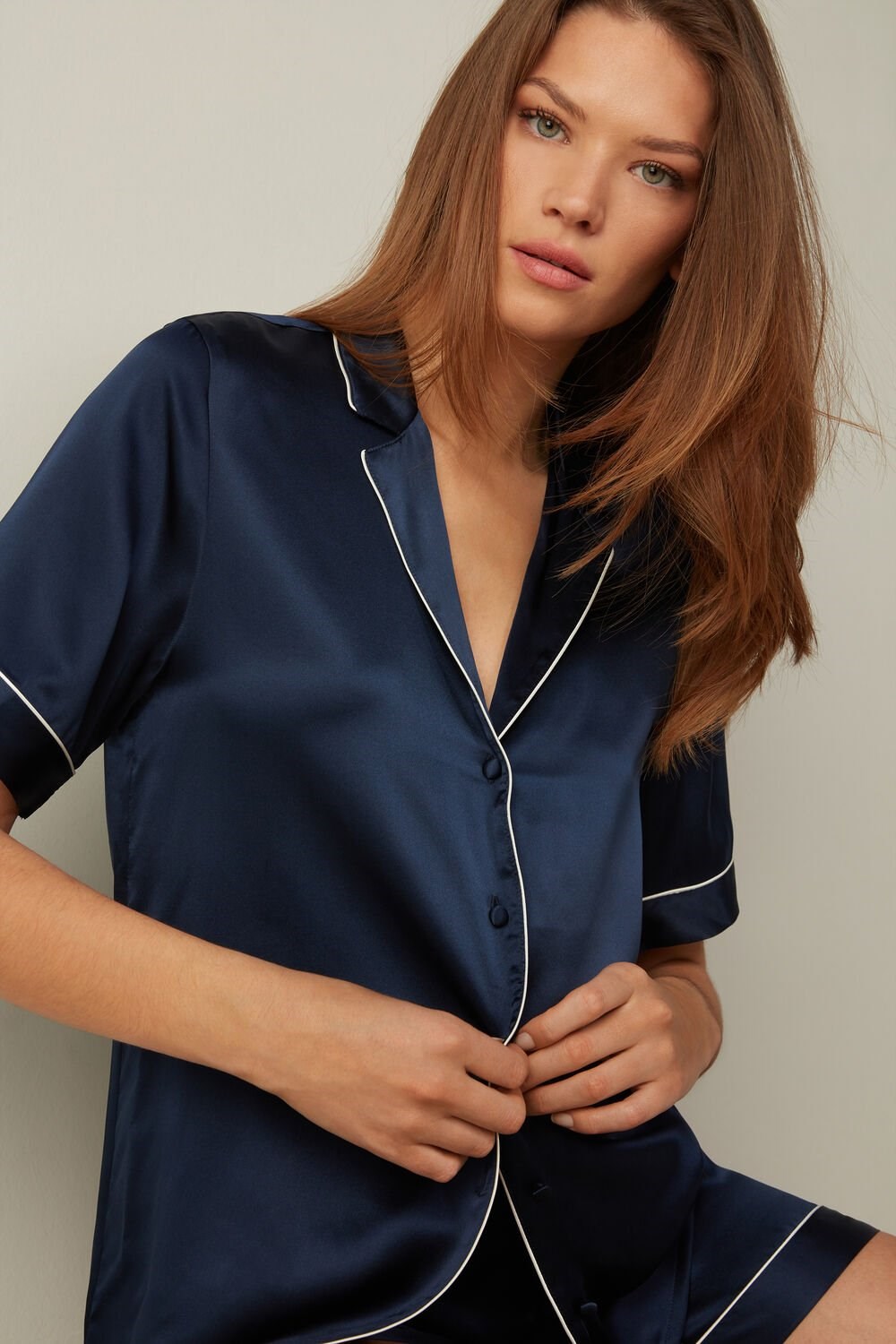 Blue - 3094 - Ink Blue Intimissimi Short Sleeve Silk Shirt with Contrast Trim | NLUY-90538