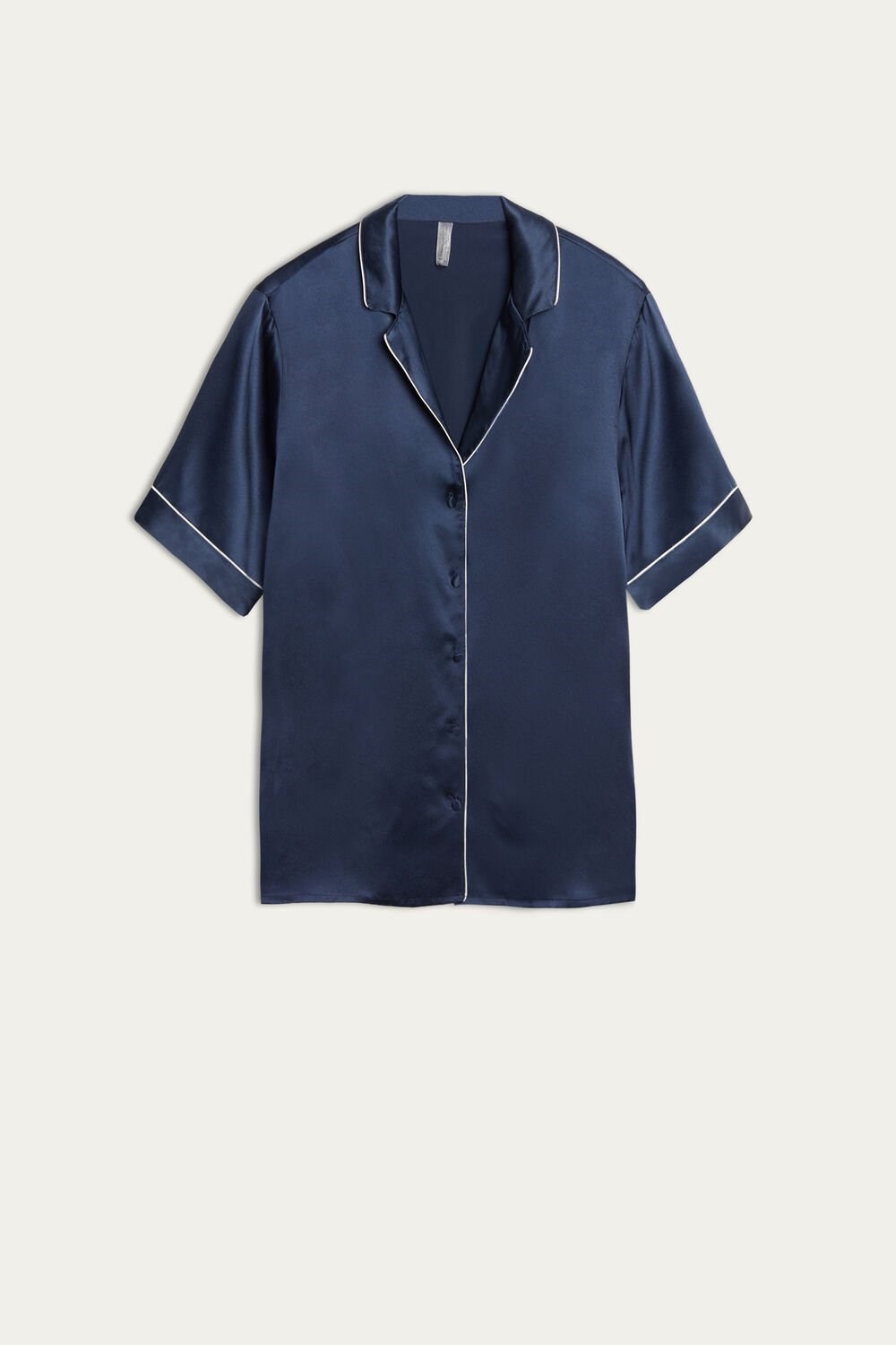 Blue - 3094 - Ink Blue Intimissimi Short Sleeve Silk Shirt with Contrast Trim | NLUY-90538