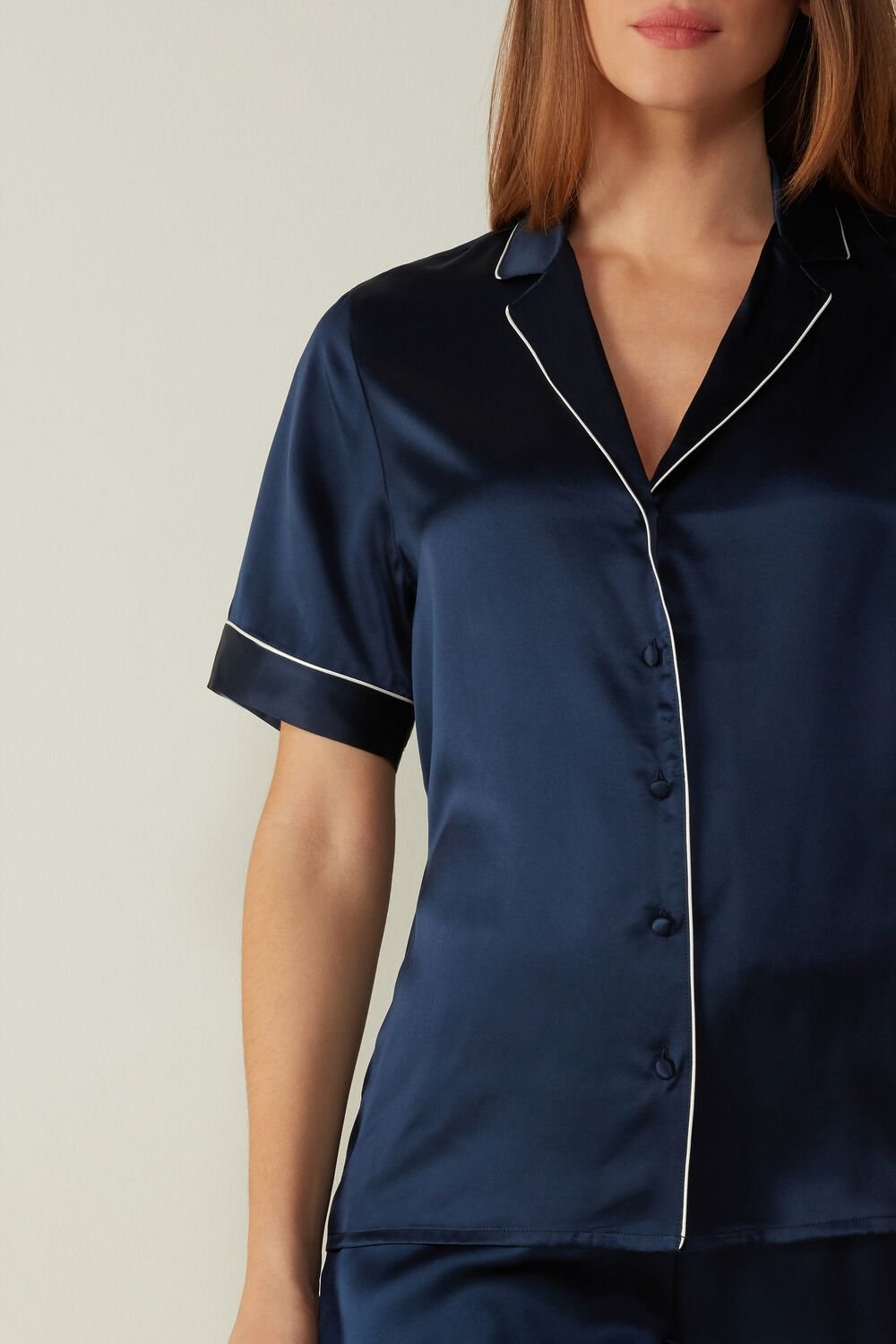 Blue - 3094 - Ink Blue Intimissimi Short Sleeve Silk Shirt with Contrast Trim | NLUY-90538