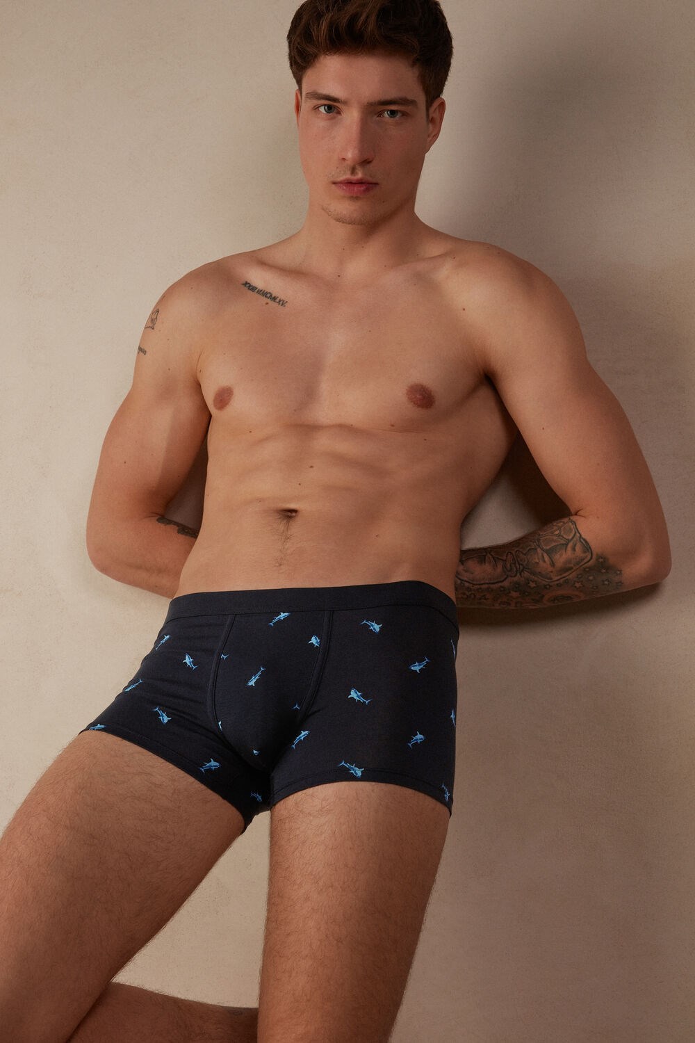 Blue - 315j - Midnight Blue Shark Print Intimissimi Shark Boxers in Natural Fresh Supima® Cotton | AJYD-01943