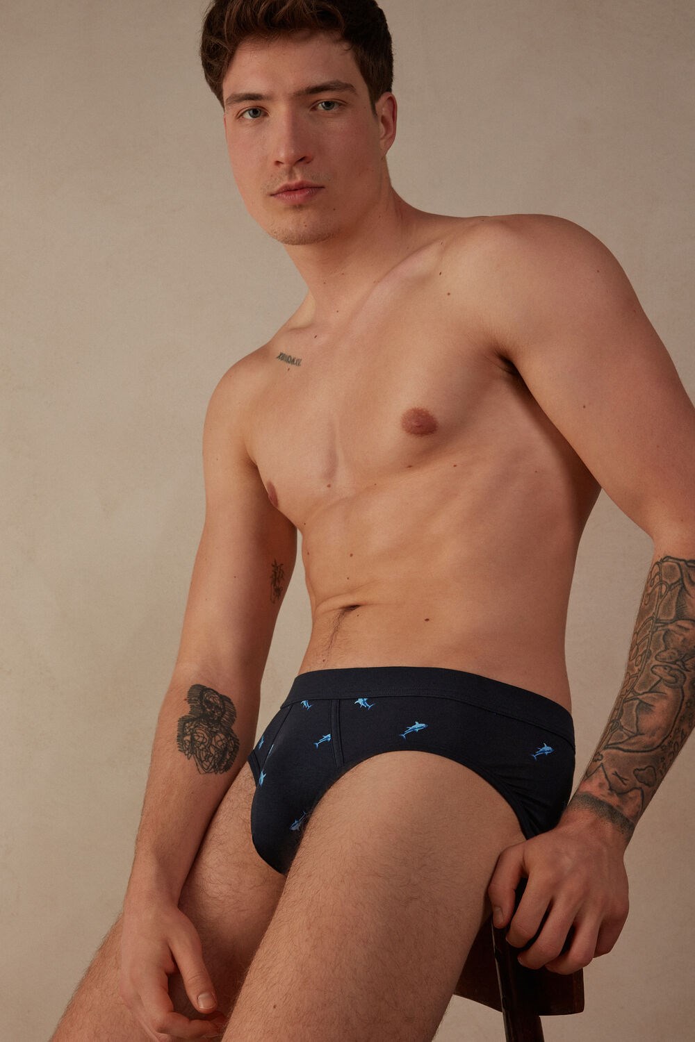 Blue - 315j - Midnight Blue Shark Print Intimissimi Shark Briefs in Natural Fresh Supima® Cotton | GUTO-89675