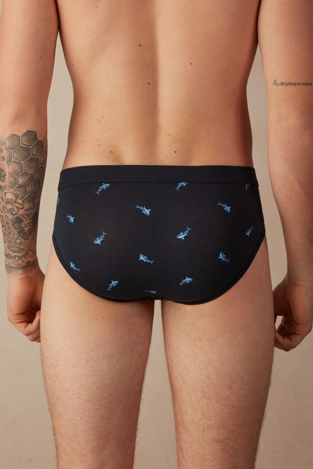 Blue - 315j - Midnight Blue Shark Print Intimissimi Shark Briefs in Natural Fresh Supima® Cotton | GUTO-89675