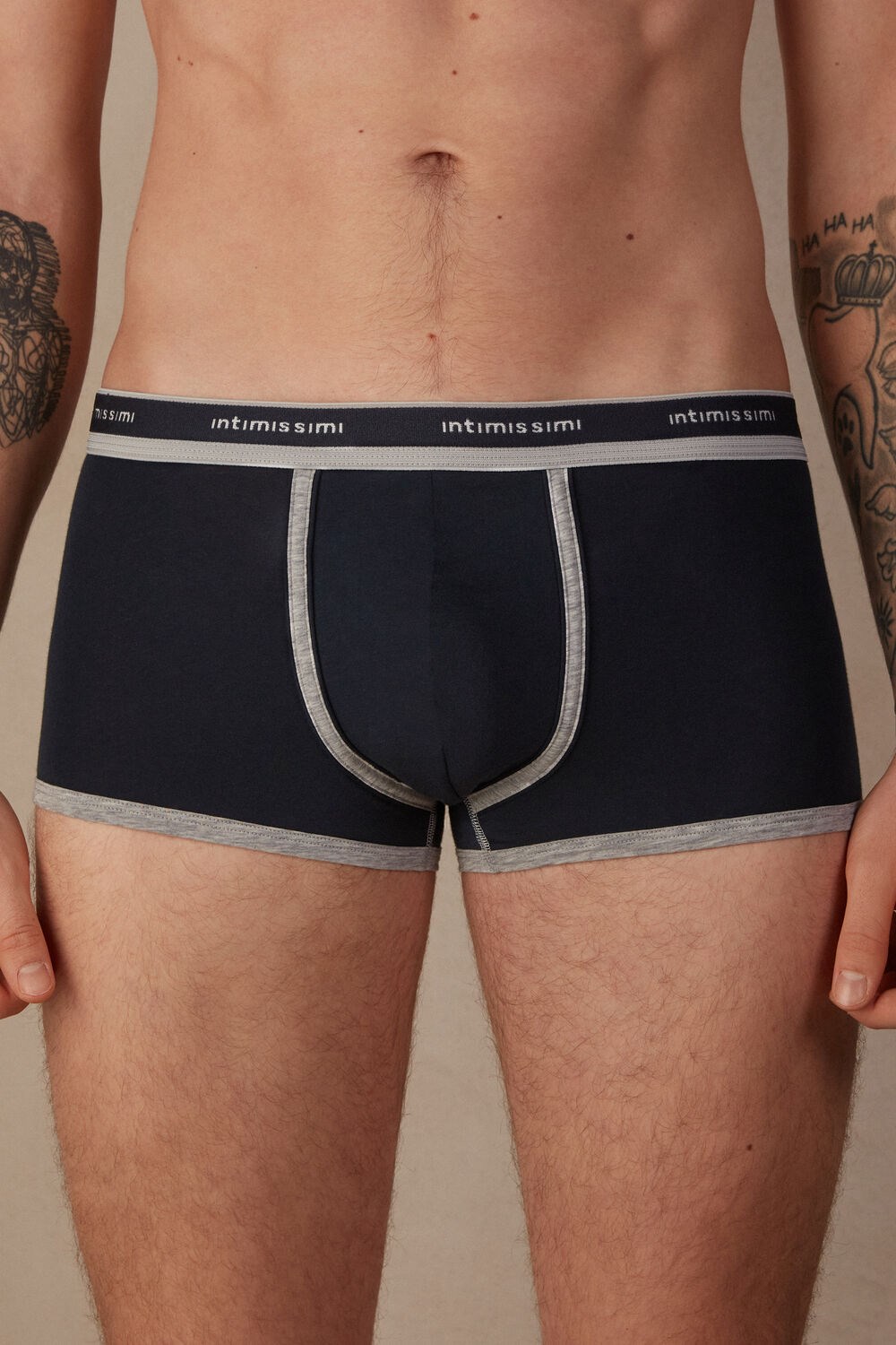 Blue - 320j - Midnight Blue / Light Heather Grey Intimissimi Natural Fresh Supima® Cotton Boxers with Logo | LSTV-41568