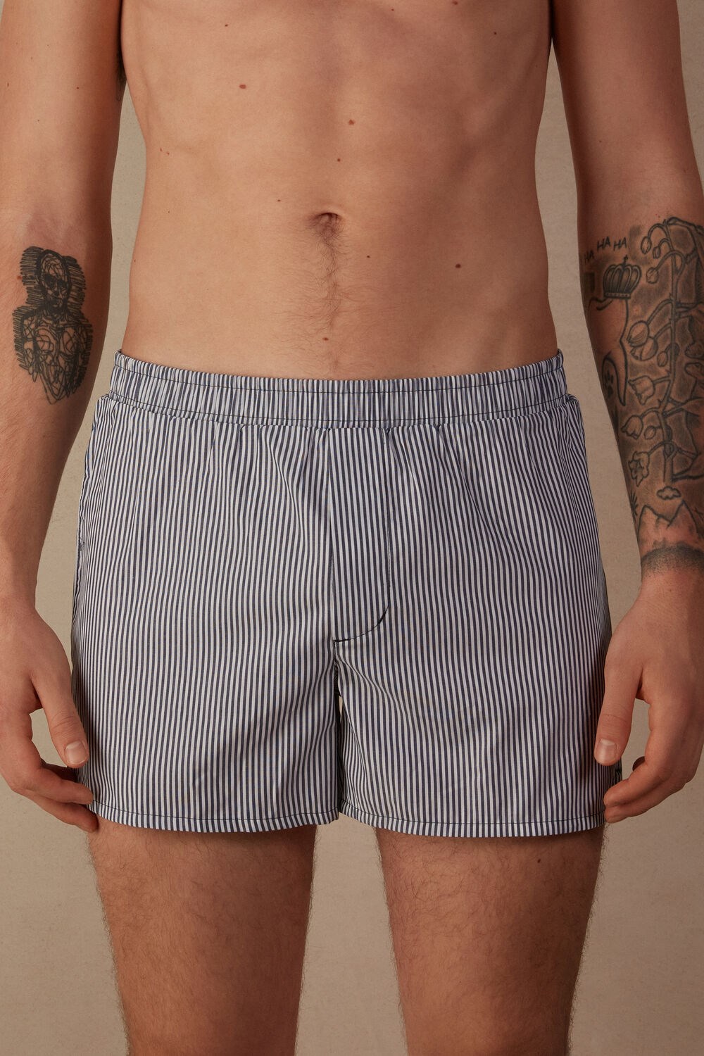 Blue - 325j - White / Blue Microstripe Intimissimi Print Detailed Boxers | RHDT-49358