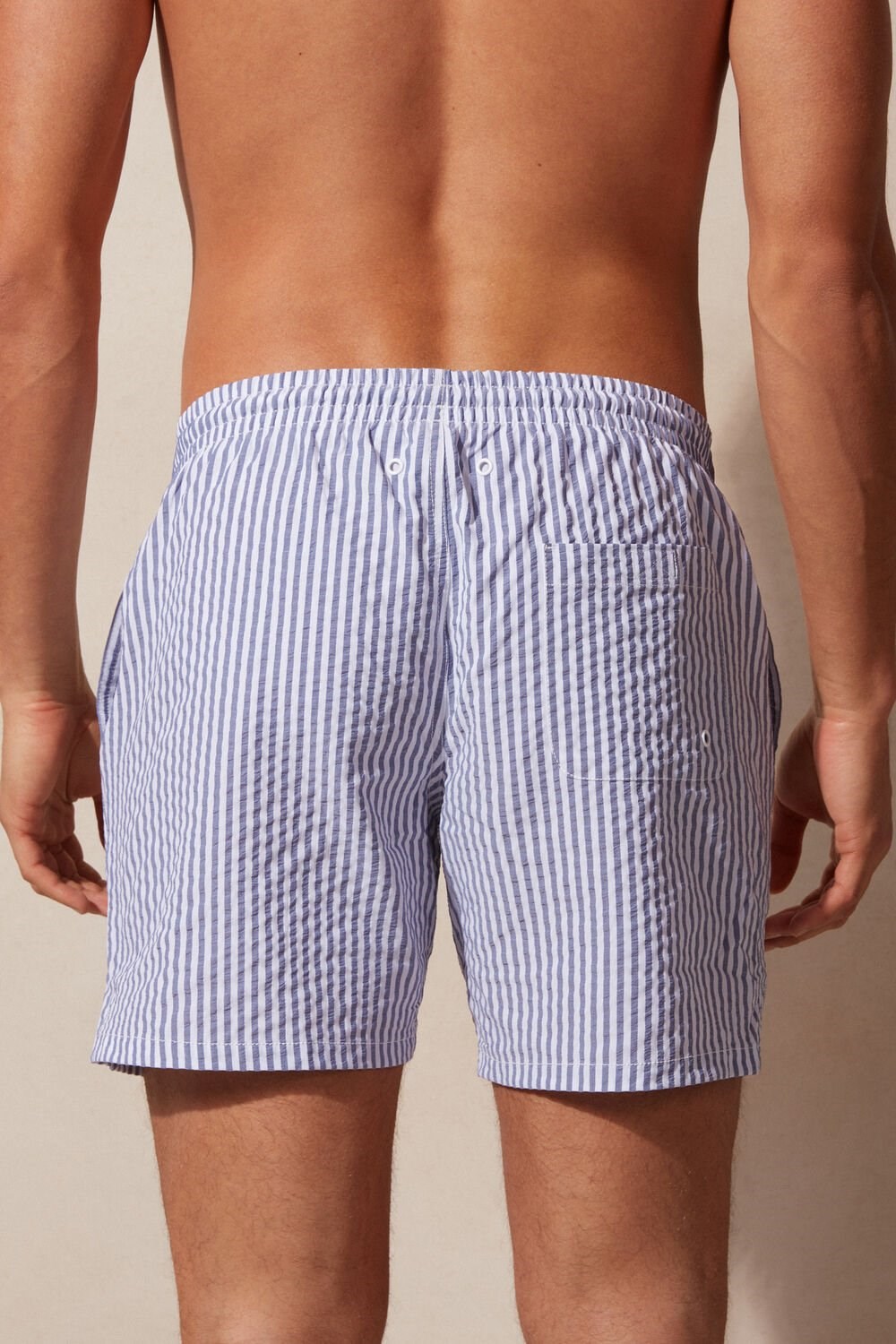 Blue - 327j - White / Navy Blue Intimissimi Stripe Print Seersucker Swim Trunks | IECR-42716