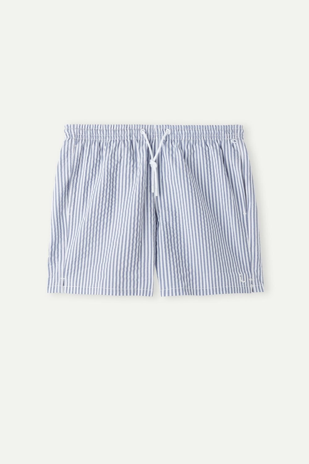 Blue - 327j - White / Navy Blue Intimissimi Stripe Print Seersucker Swim Trunks | IECR-42716