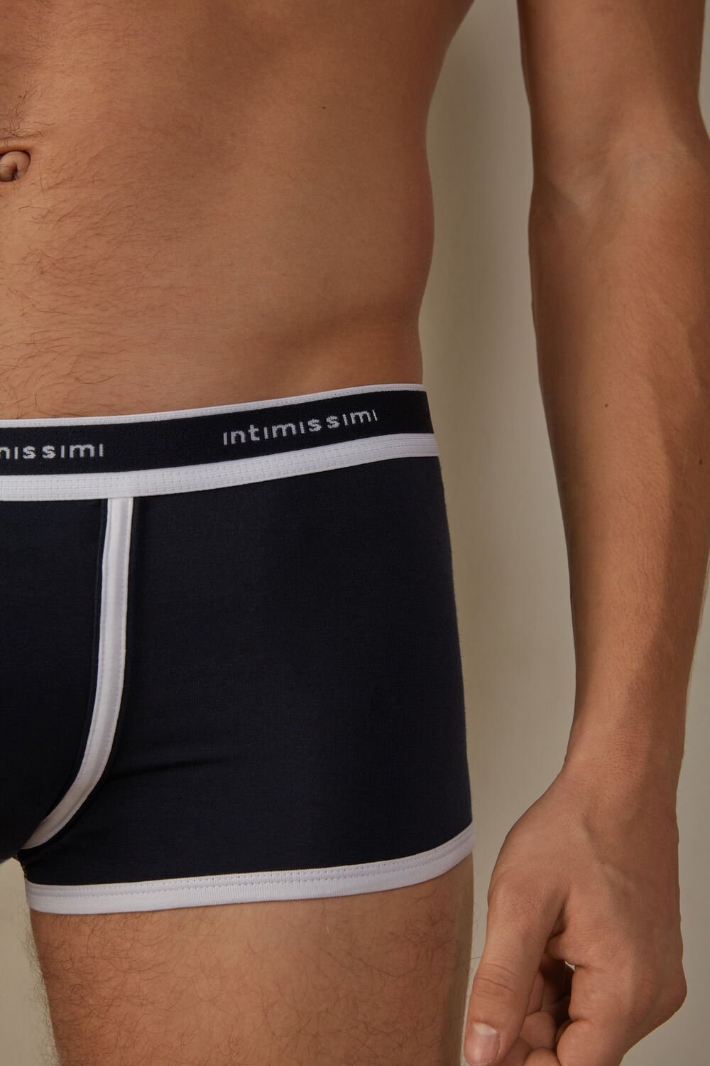 Blue - 3481 - Midnight Blue / White Intimissimi Stretch Supima® Cotton Boxer Shorts with Logo Detail | BYOR-02379