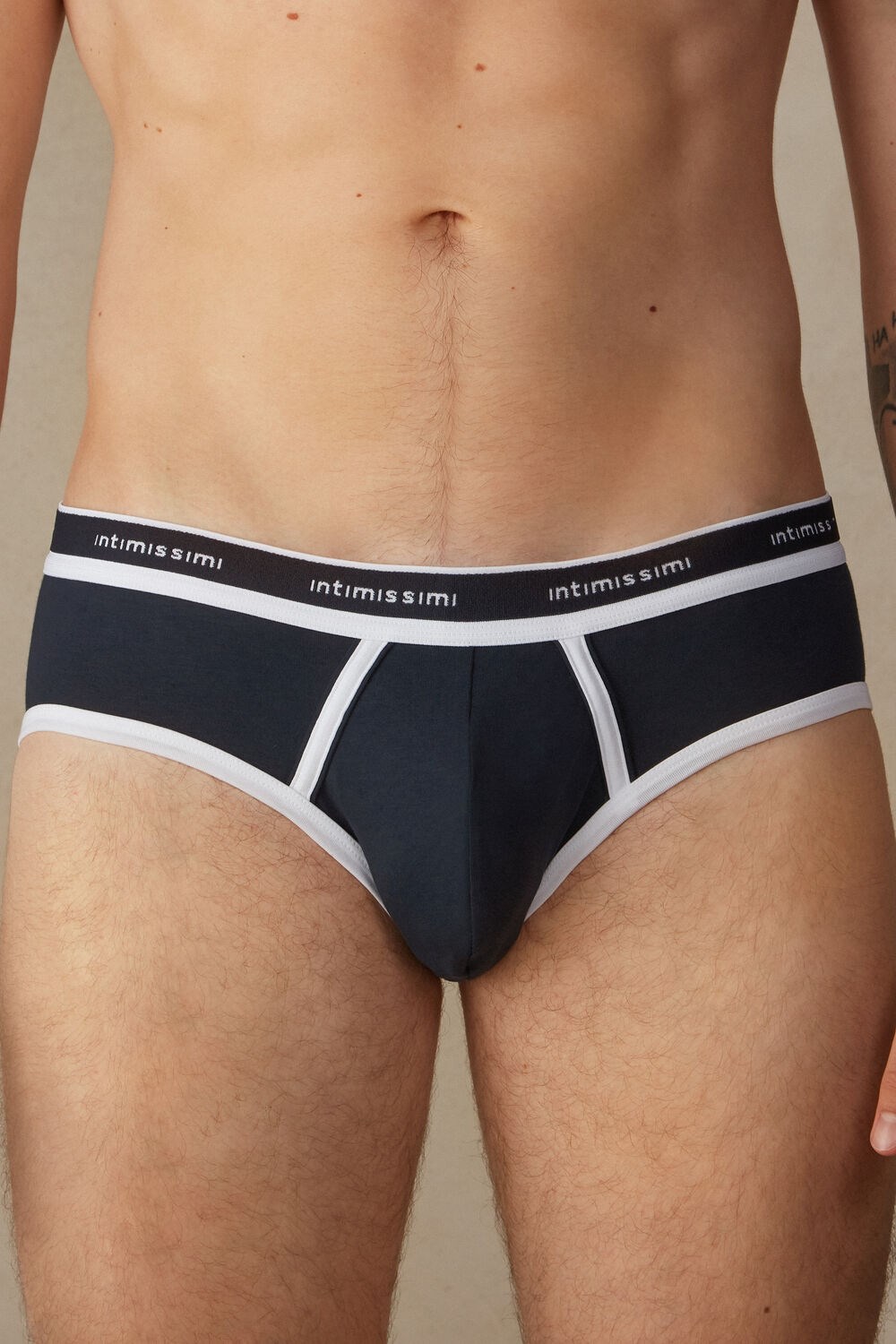 Blue - 3481 - Midnight Blue / White Intimissimi Stretch Supima® Cotton Brief with Logo Detail | LRHE-30849