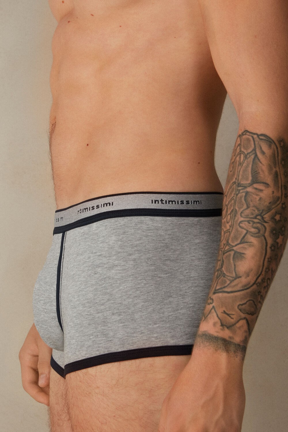 Blue - 387i - Light Grey Blend / Midnight Blue Intimissimi Stretch Supima® Cotton Boxer Shorts with Logo Detail | BPCK-63940