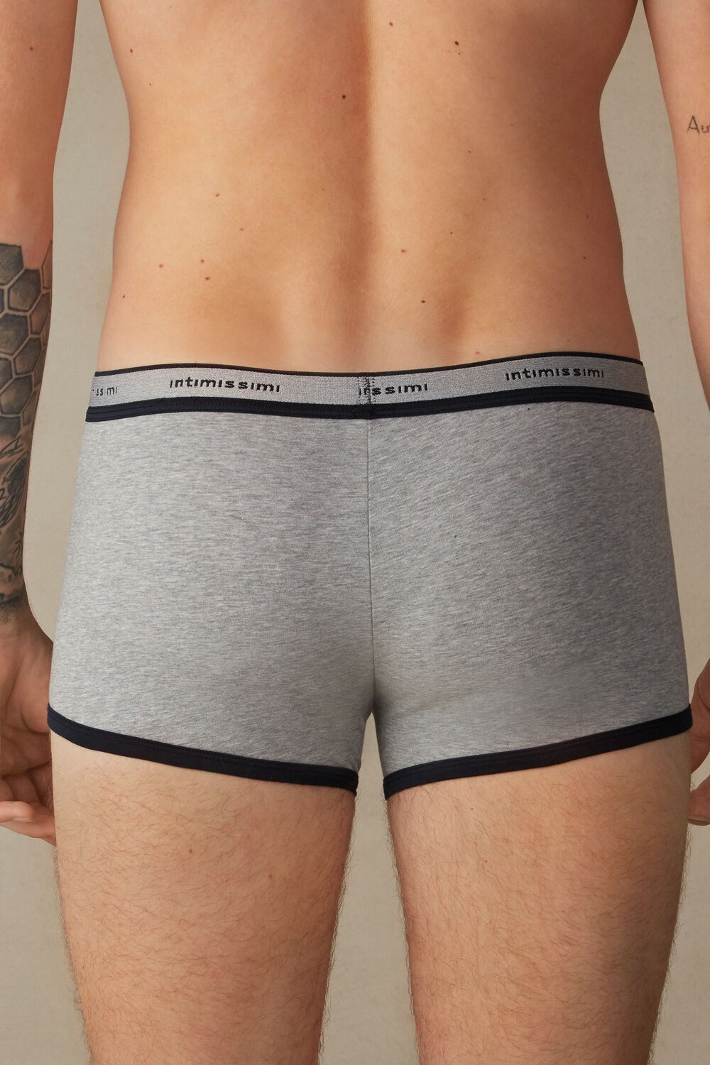 Blue - 387i - Light Grey Blend / Midnight Blue Intimissimi Stretch Supima® Cotton Boxer Shorts with Logo Detail | BPCK-63940